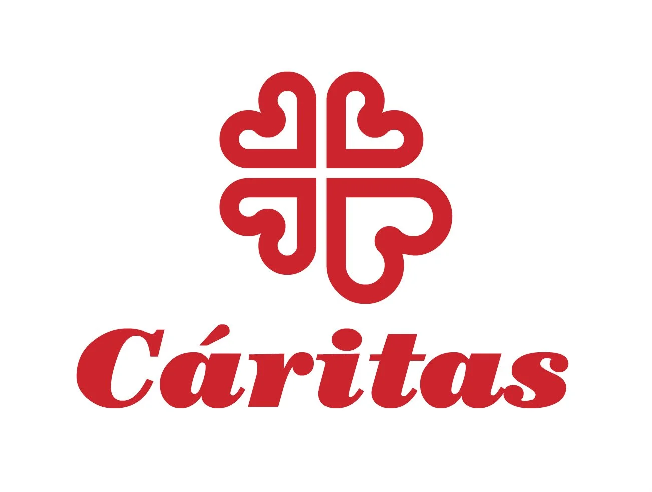 Logotipo en color rojo con un símbolo abstracto y la palabra 'Cáritas' en letra cursiva debajo.