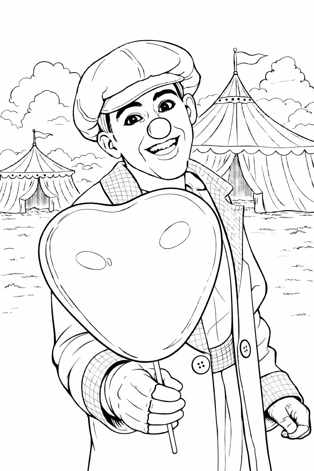 Dibujo en blanco y negro de un payaso con un sombrero grande y un arcoiris, sosteniendo un globo en forma de corazón en un circo con carpas.