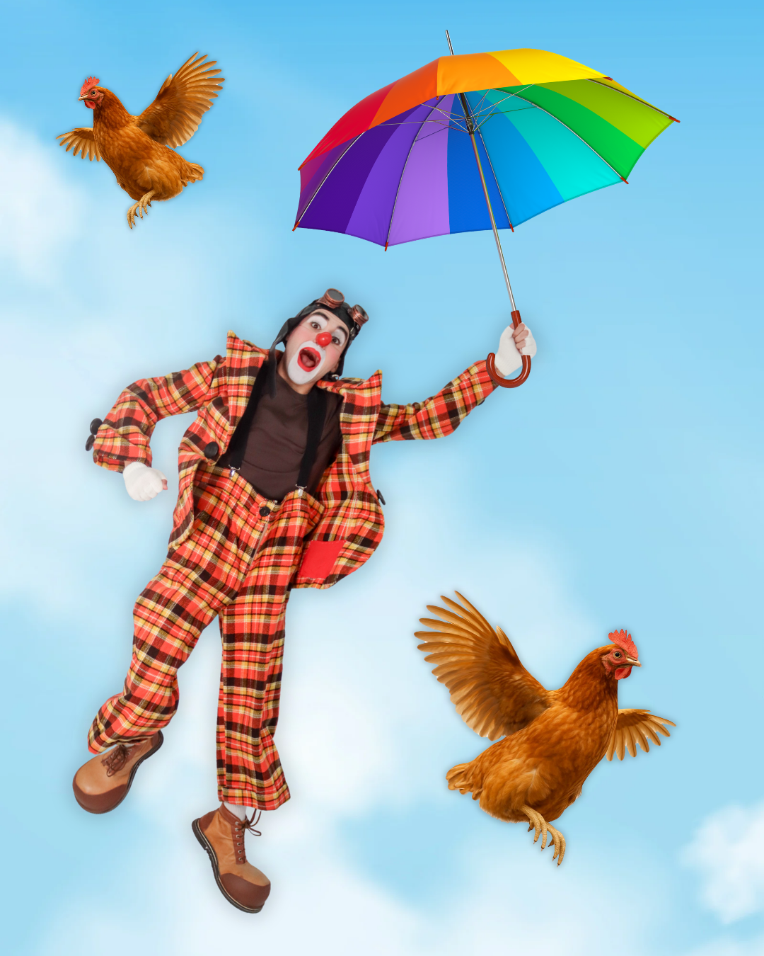 Un payaso con traje a cuadros sosteniendo un paraguas arcoiris, rodeado de dos gallinas volando en un cielo azul.