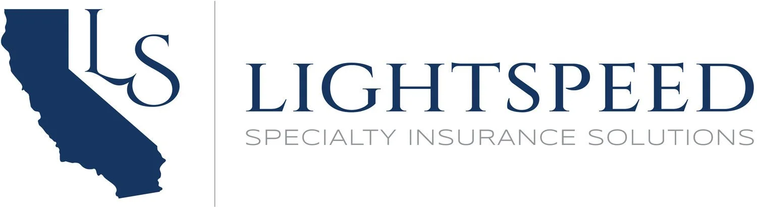 Logo for Lightspeed Specialty Insurance Solutions, featuring a dark blue outline of California with white 'LS' initials inside, and the company name in blue and gray text.