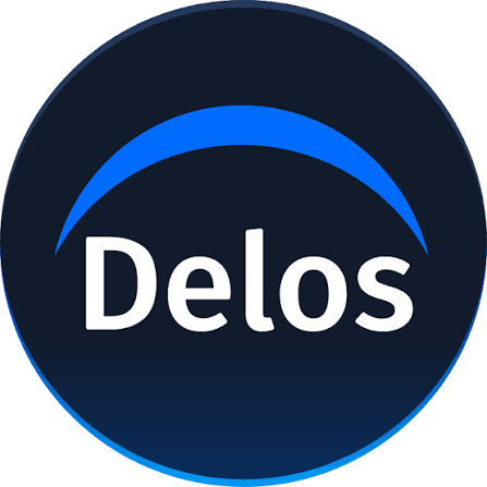 Delos logo with white text and a curved blue line on a dark circular background.