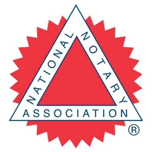 Logo of the National Notary Association featuring a blue triangle with the words 'National Notary' on the sides and 'Association' at the bottom, with a red starburst background.