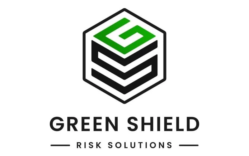 Logo for Green Shield Risk Solutions featuring a hexagonal shield with a geometric design in green and black.