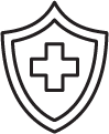 A shield with a cross symbol in the center, representing health and medical protection.