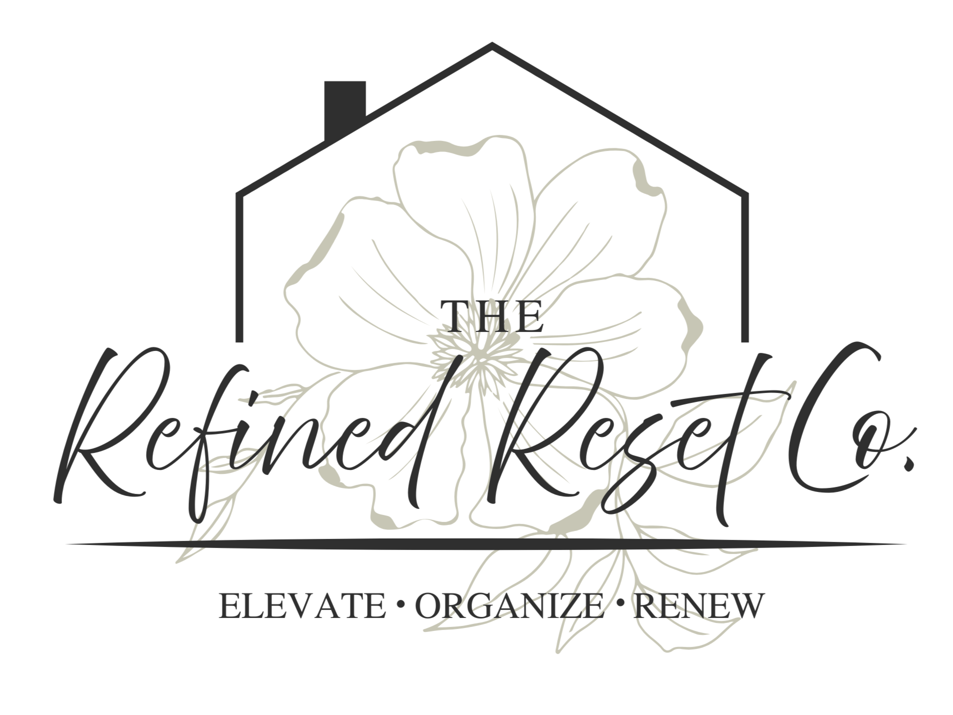Logo with a house outline, a large flower in the background, and the words "The Refined Retreat" overlayed, along with the tagline "Elevate, Organize, Renew" and a website URL