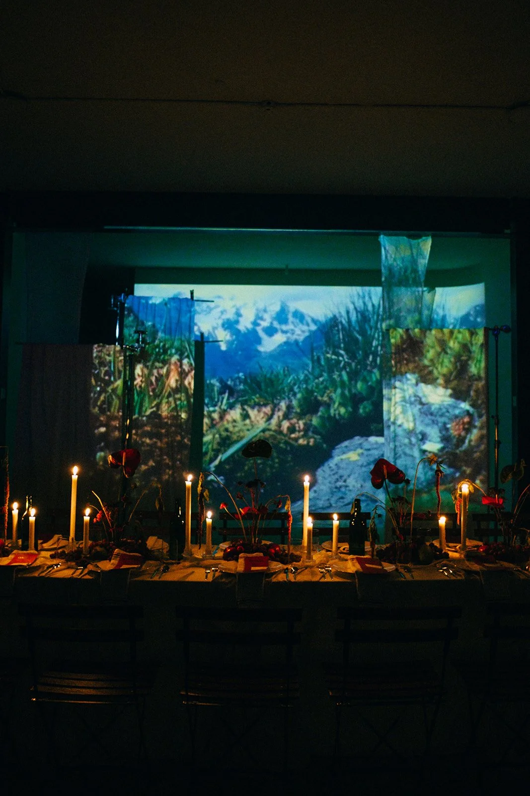 Dimly lit indoor scene with a long dining table decorated with candles, flowers, and tableware, set against a backdrop of a mountain and forest landscape projection.