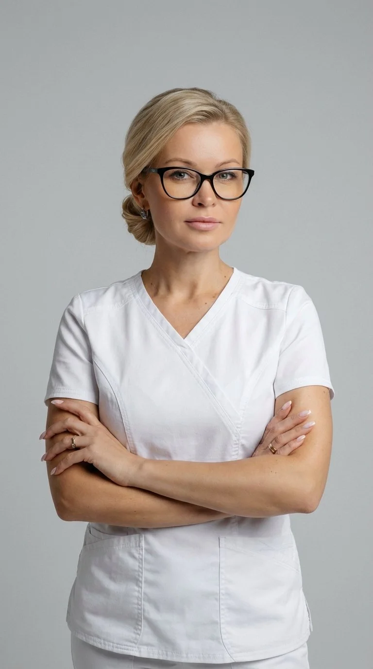 A blonde woman wearing glasses and a white medical uniform with her arms crossed, standing against a plain grey background.