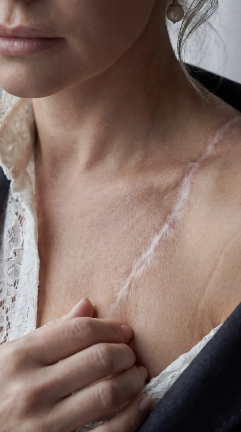 Scar camouflage micropigmentation before treatment - surgical scar on shoulder.