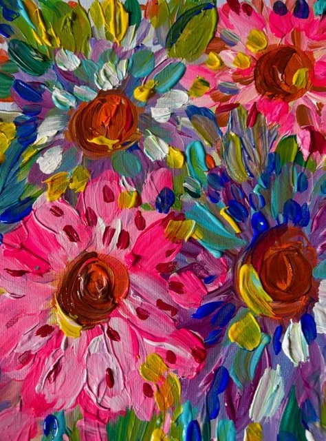 Colorful floral painting with pink, purple, blue, yellow, green, and white flowers, featuring brown centers.
