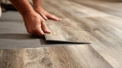 Person installing or laying down wooden flooring.