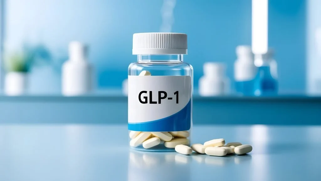 A clear medicine bottle labeled 'GLP-1' with white pills inside and some pills spilled outside on a light blue table with blurred background of medicine bottles.