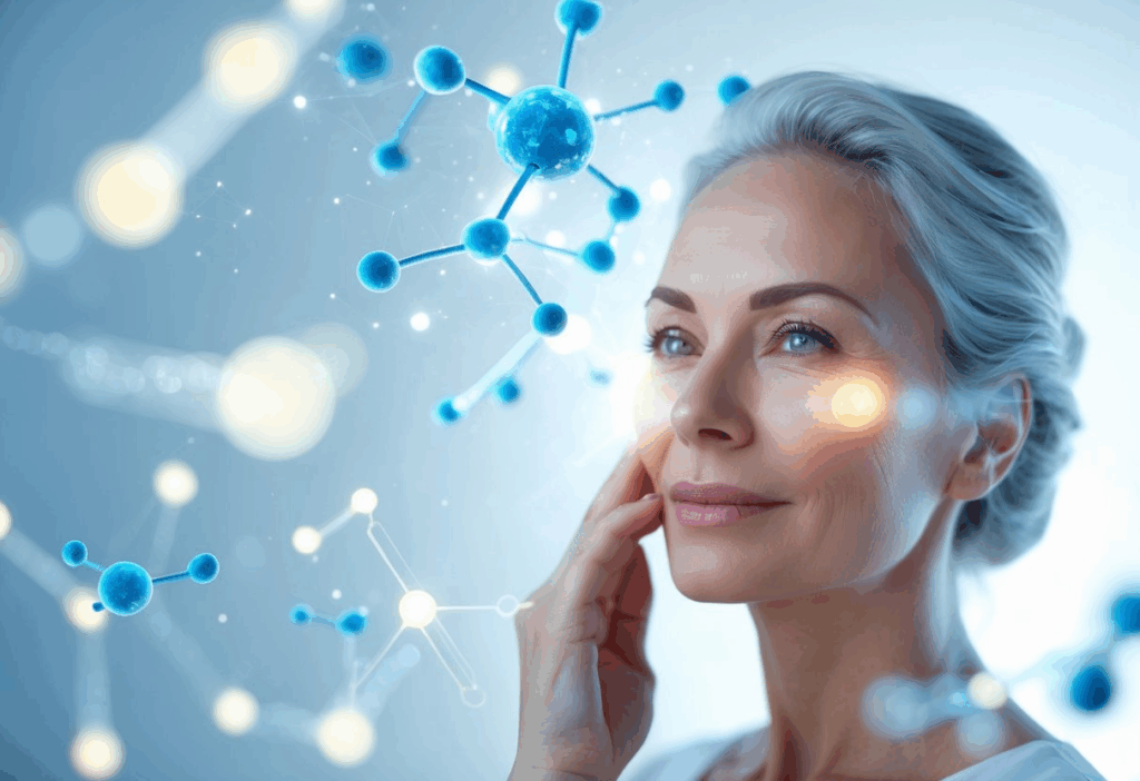 A woman with gray hair touching her face, surrounded by digital graphics of blue molecular structures and glowing particles.