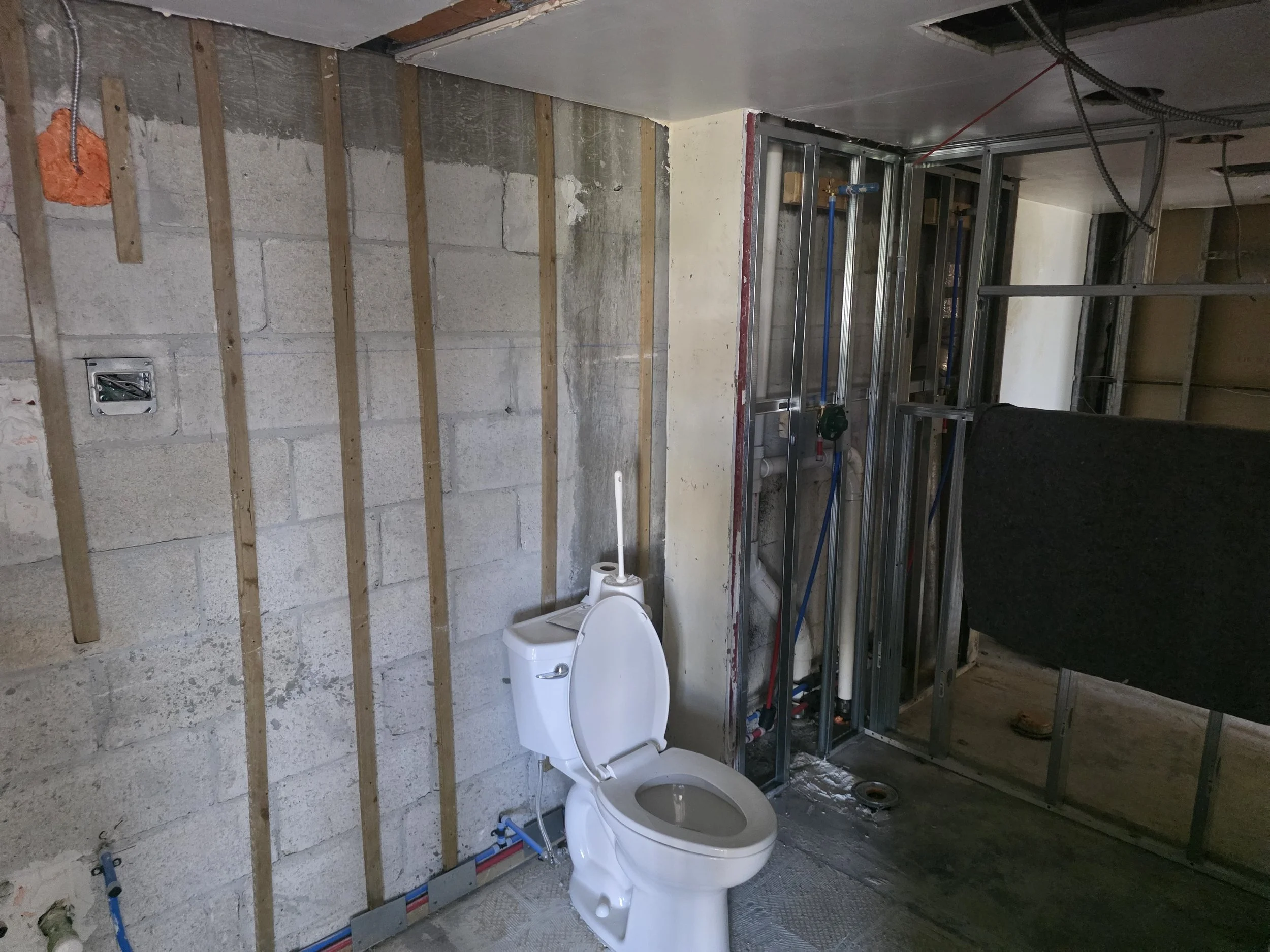 J&LD:  Master bath being prepped for new design layout, drywall, shower, and cabinets and vanity. Can see through to guest bath shower at this point.