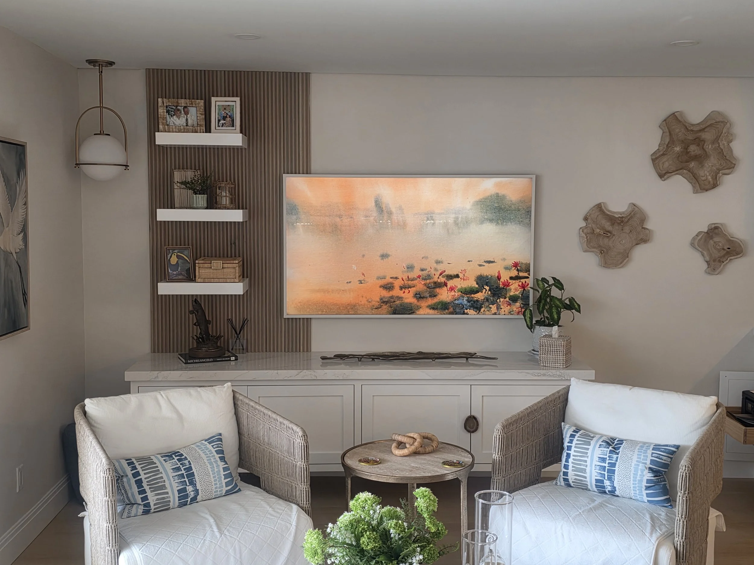 Home entertainment center with completed decorations.