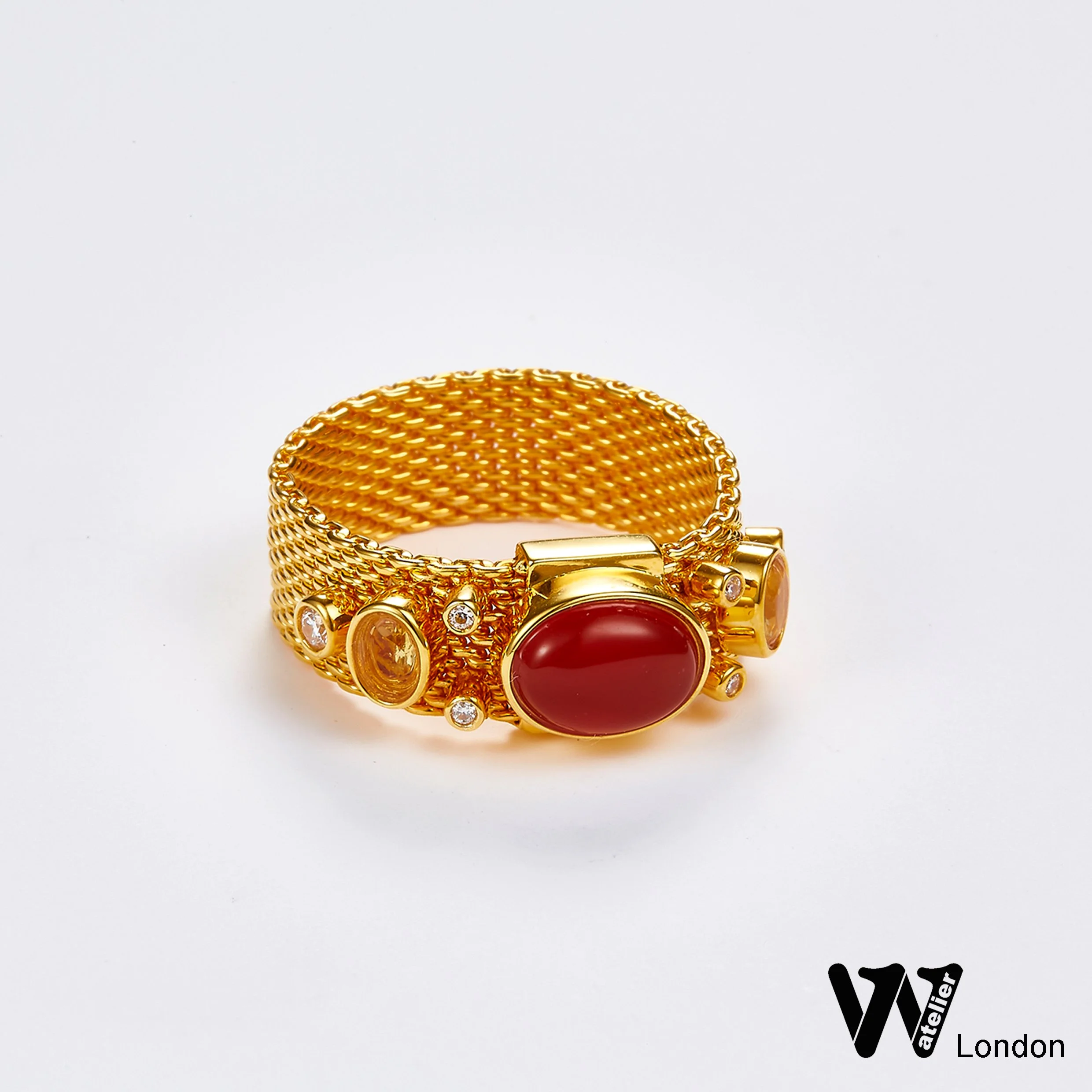 Rainbow Mesh ring Sterling Silver set with Carnelian