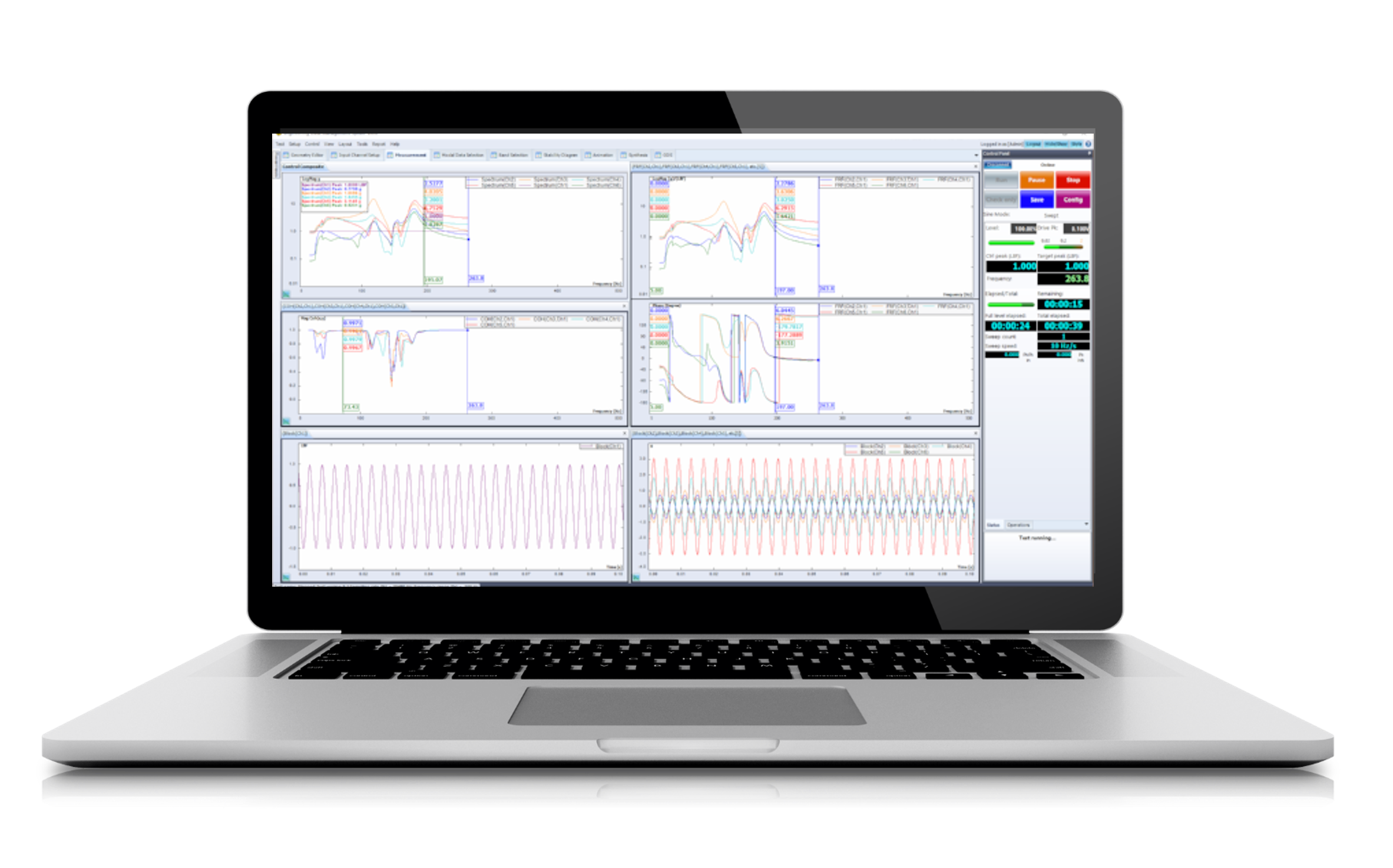 Laptop displaying multiple graphs and data charts related to scientific or engineering analysis.