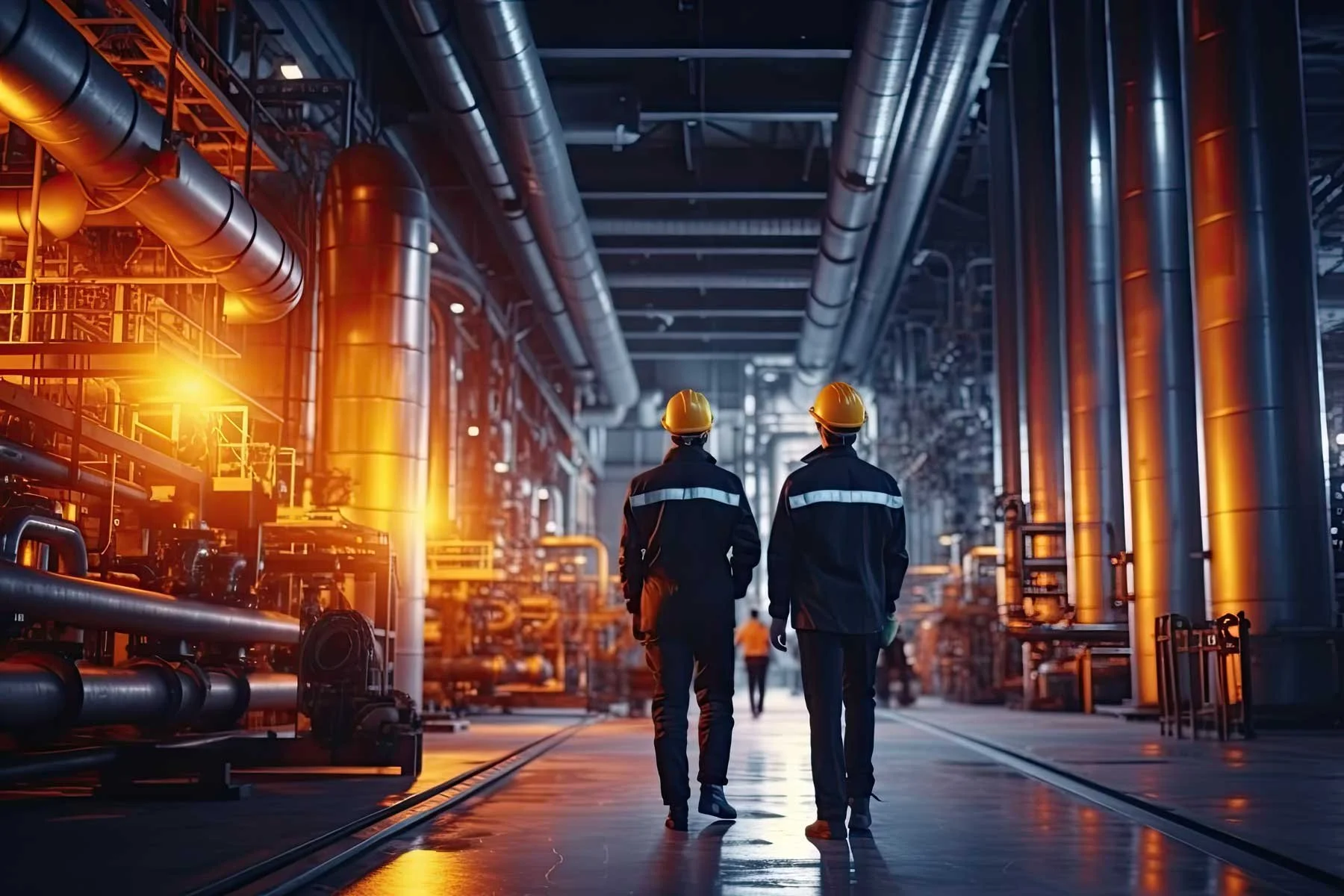 Two workers wearing yellow safety helmets and dark jackets walking through an industrial facility with pipes and machinery, illuminated by orange and yellow lighting.