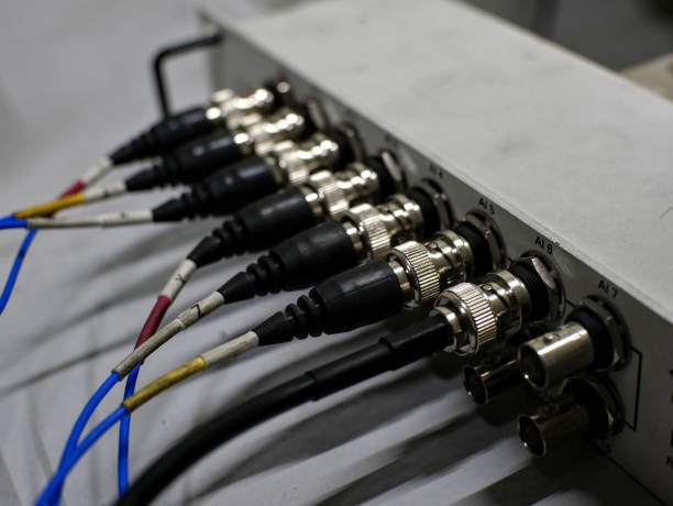 Multiple coaxial cables connected to an electronic device with labeled ports A7 to A13.