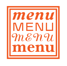 Design gráfico com o texto 'menu' repetido e em diferentes tamanhos e estilos, em cores laranja e preto