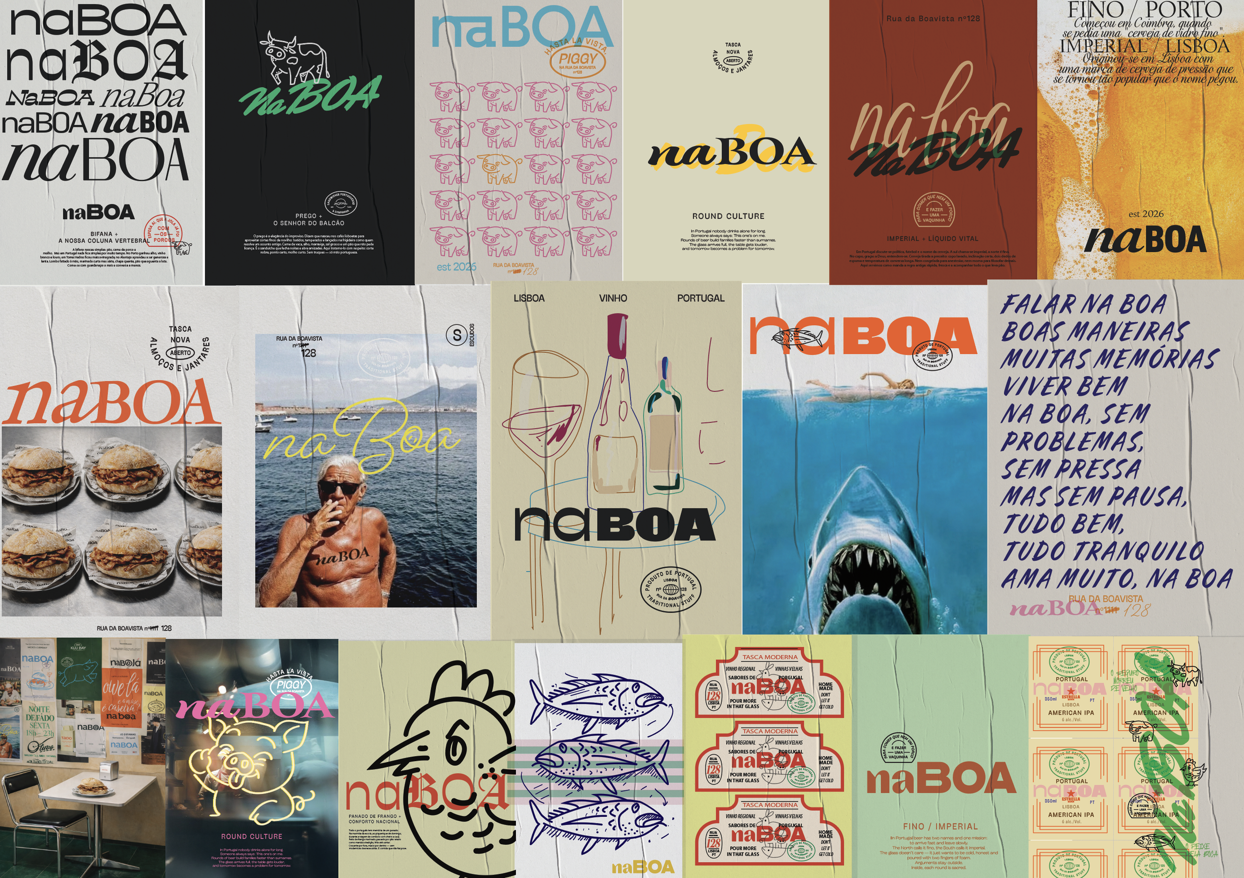 Colagem de várias imagens relacionadas à marca naBOA, incluindo logotipos, ilustrações de peixes, homens e alimentos, além de frases e informações sobre o local e produtos portugueses.