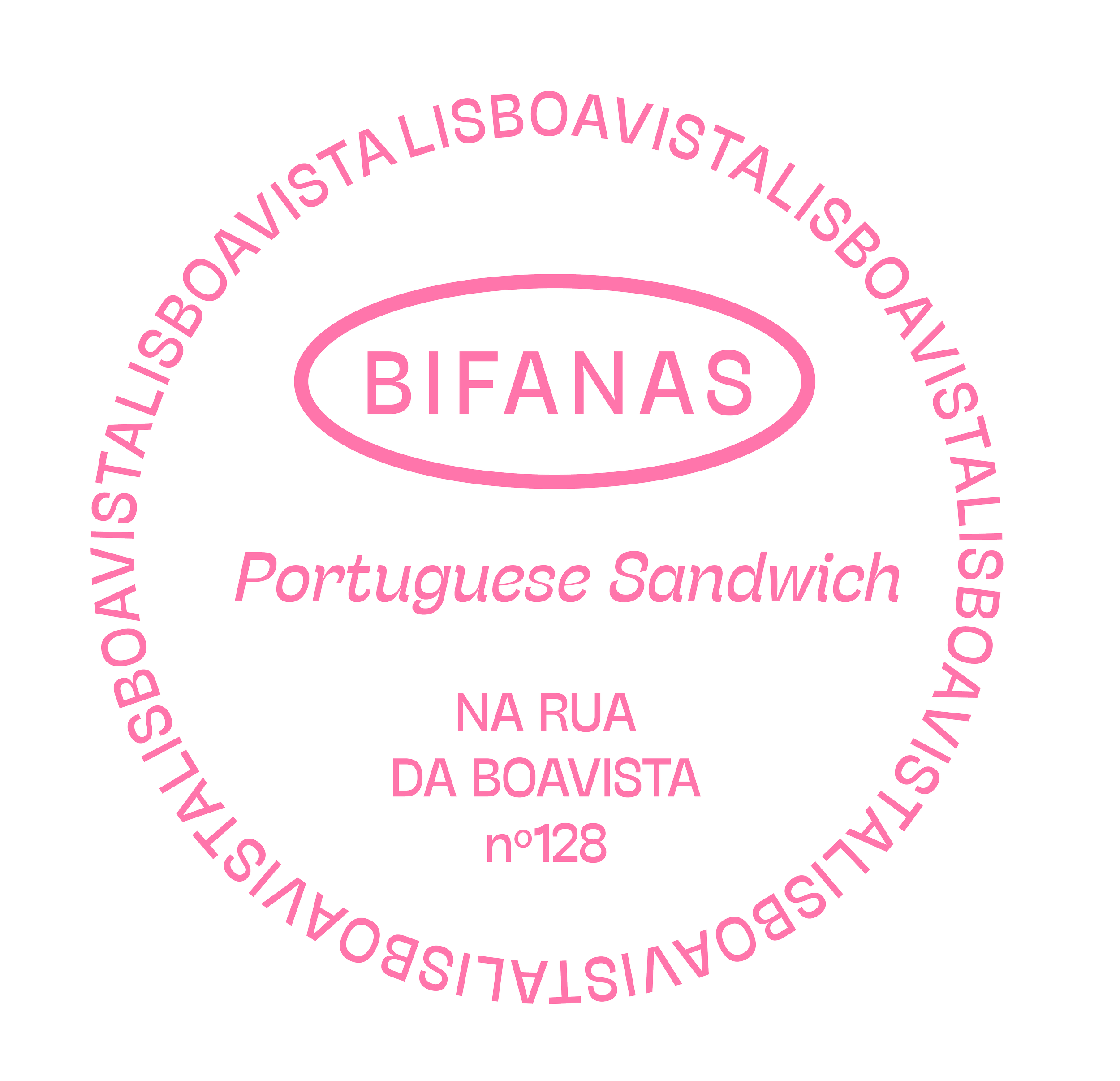 Logotipo do evento de sanduíche português na rua da Boavista, em Lisboa, com texto em rosa e elementos circulares