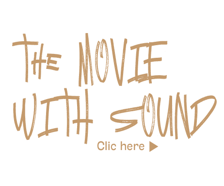Texto: "The Movie with Sound" e "Clic here" em fundo branco com letras marrons.