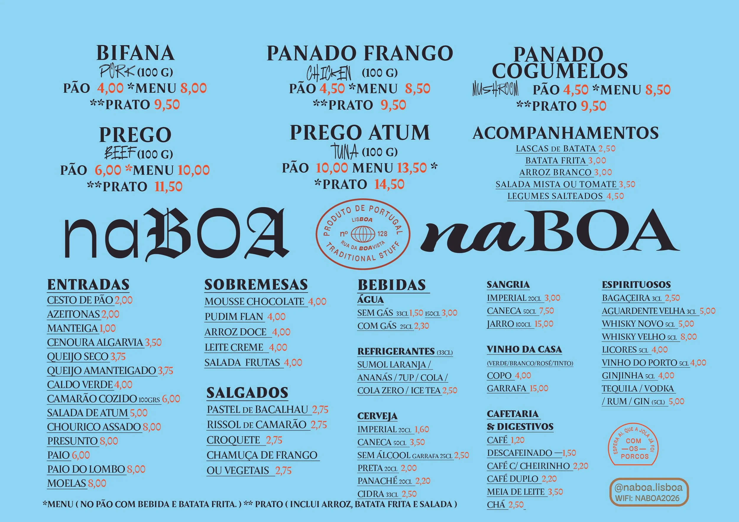 Cardápio de um restaurante com opções de refeições como bifana, filé de frango, carne, acompanhamentos, saladas, salgados, bebidas, cervejas, vinhos, licores, café, além de preços e descrições. Fundo azul claro e letras pretas e vermelhas.