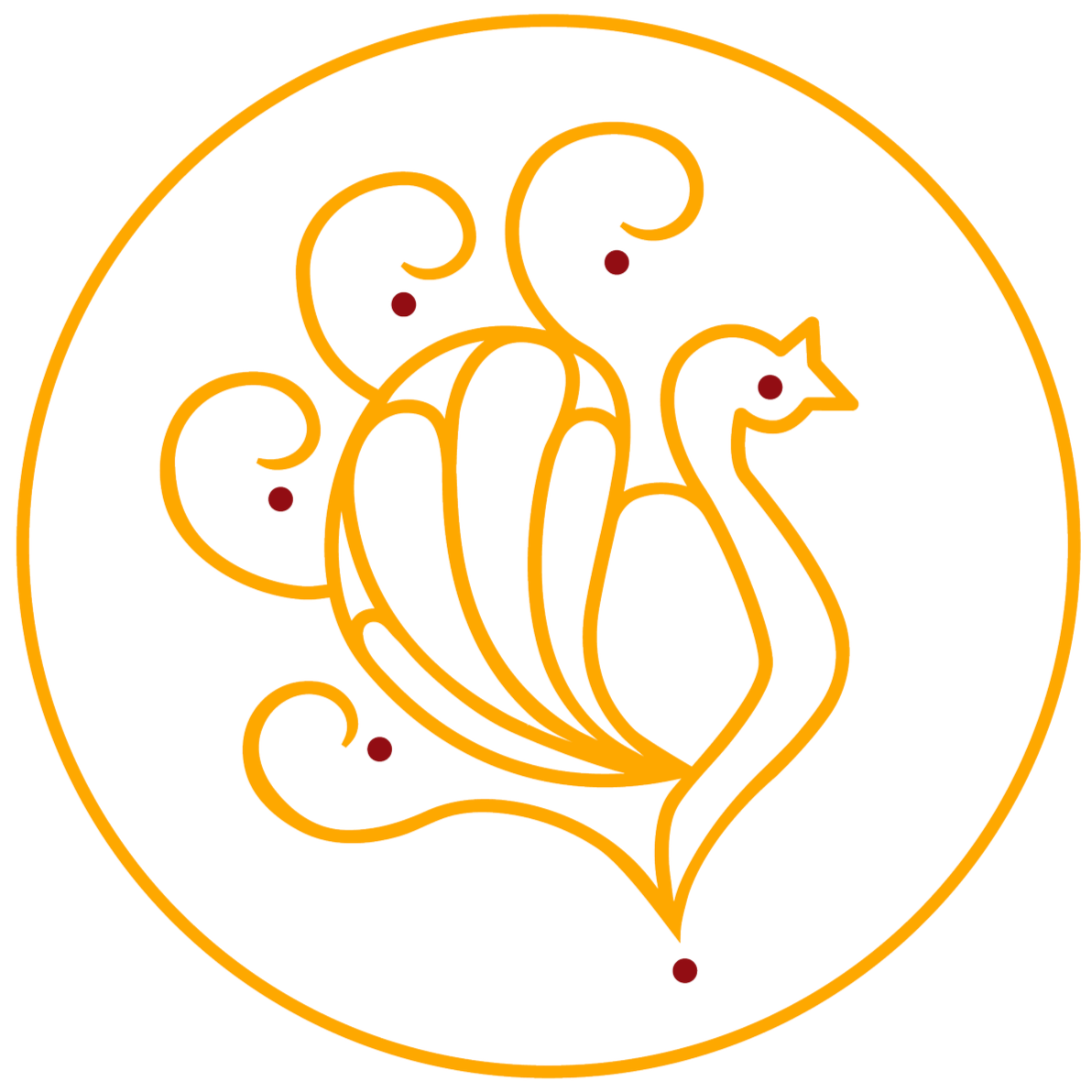 Neon outline of a stylised flower with a peacock shape in orange on a blank background.
