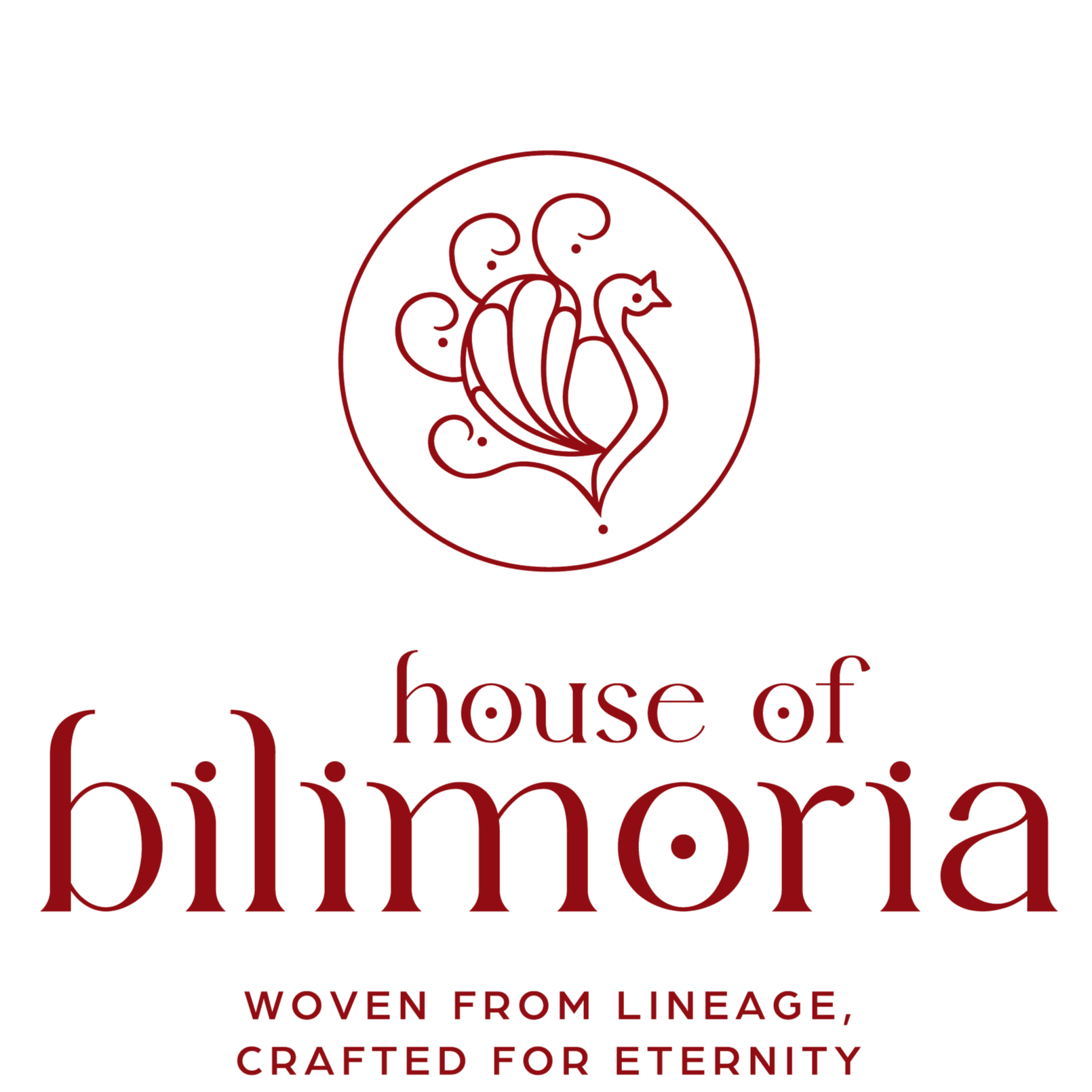 Logo for House of Bilimoria featuring a stylized peacock inside a circle and text that reads 'house of bilimoria woven from lineage, crafted for eternity'.