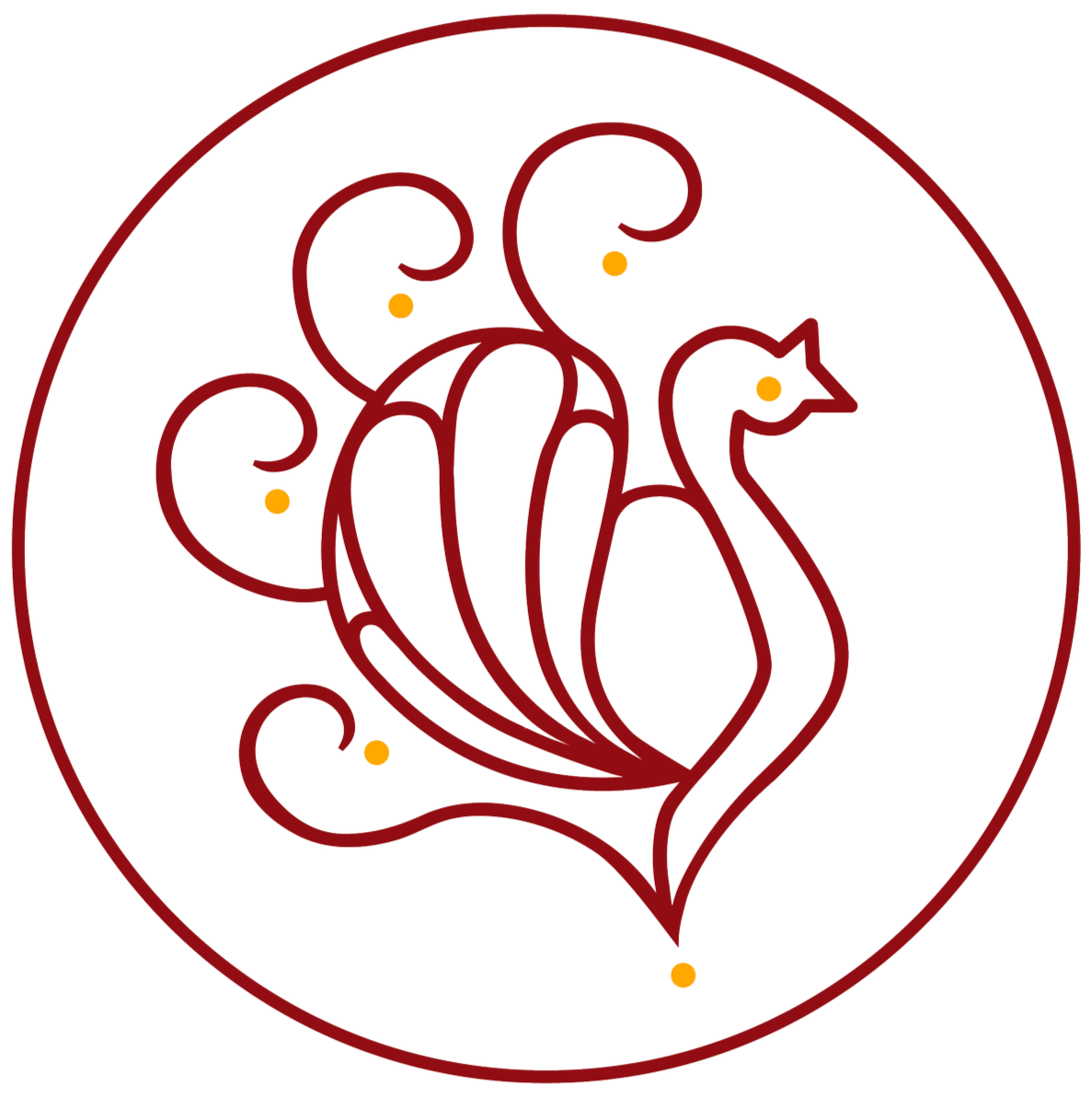 Stylized logo with a dark maroon outline of a peacock with a large tail inside a circle on a blank background.