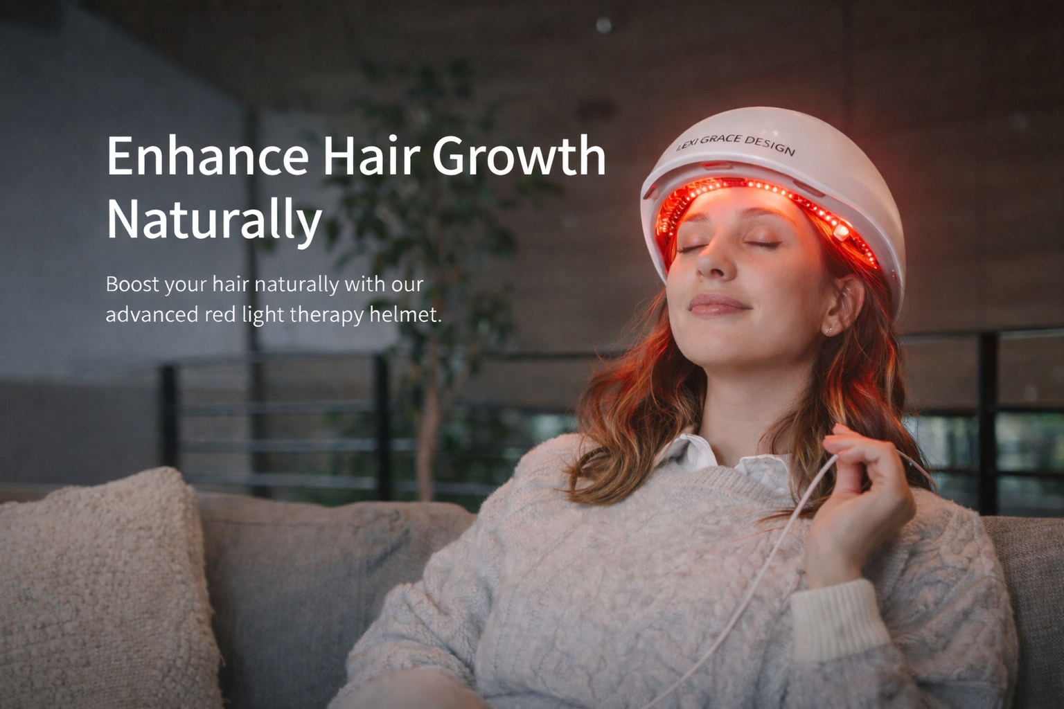 A woman with eyes closed, wearing a white therapy helmet emitting red light, sitting on a sofa indoors, promoting a hair growth therapy device.