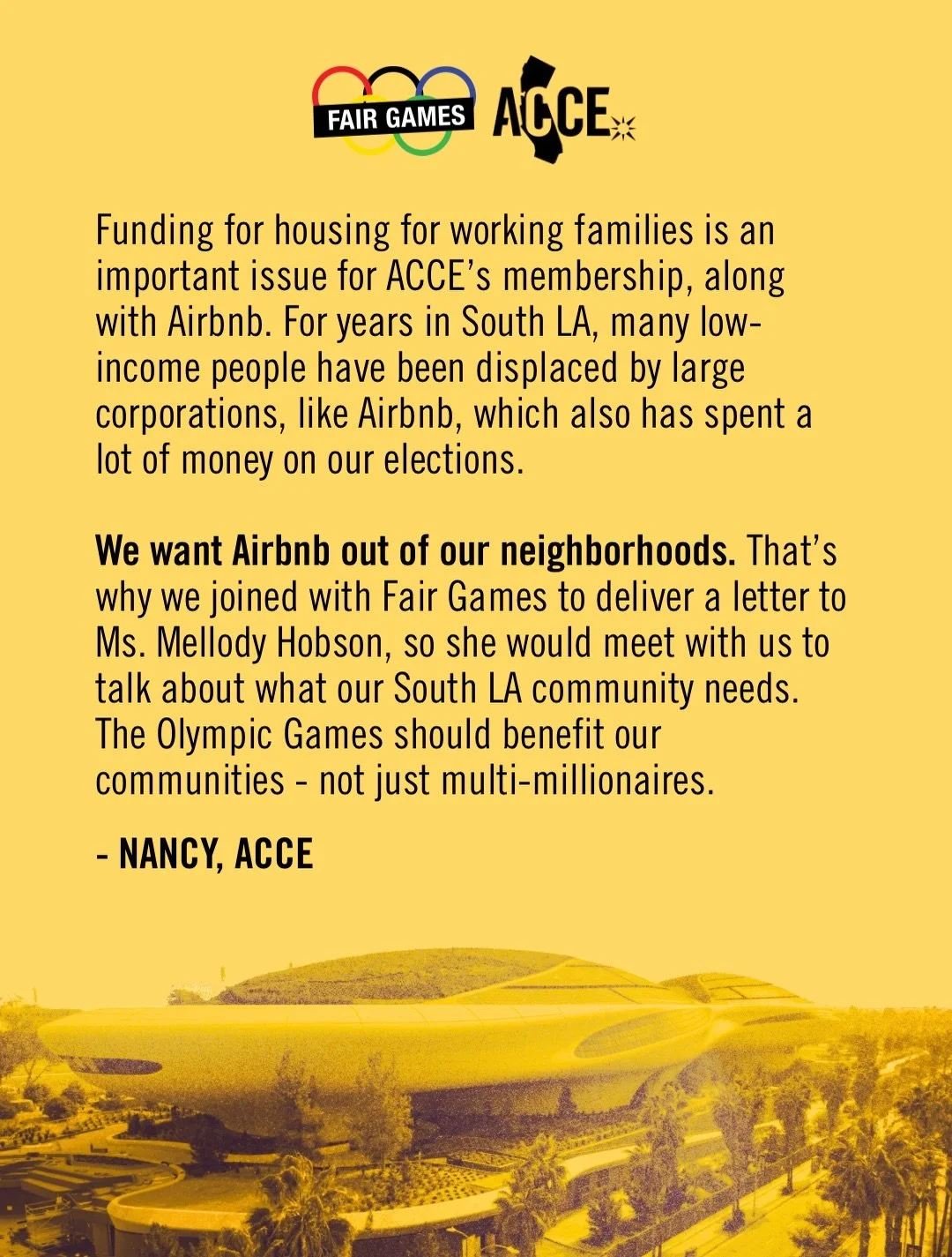 On August 4th, members of @acce_action visited the @lucasmuseum. We tried to deliver a letter to @mellodyhobson, both the museum&rsquo;s co-founder and an @la28 board member.

We wanted to invite her to meet with the Fair Games coalition so we could 
