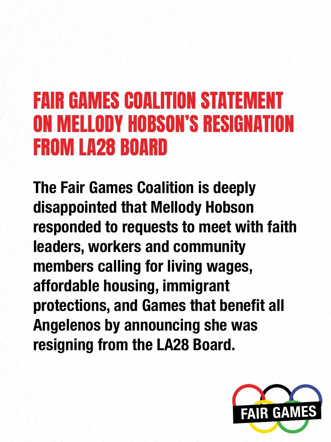 We continue to call on @mellodyhobson to meet with the Fair Games Coalition and use her influence to help ensure the 2028 Games leave a legacy of good jobs, affordable housing, and dignity and security for immigrant families. 

We invite the communit