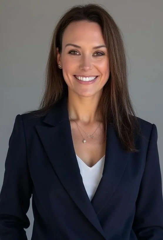 A woman with shoulder-length brown hair smiling, wearing a navy blazer over a white top, and a delicate necklace, standing against a neutral gray background.