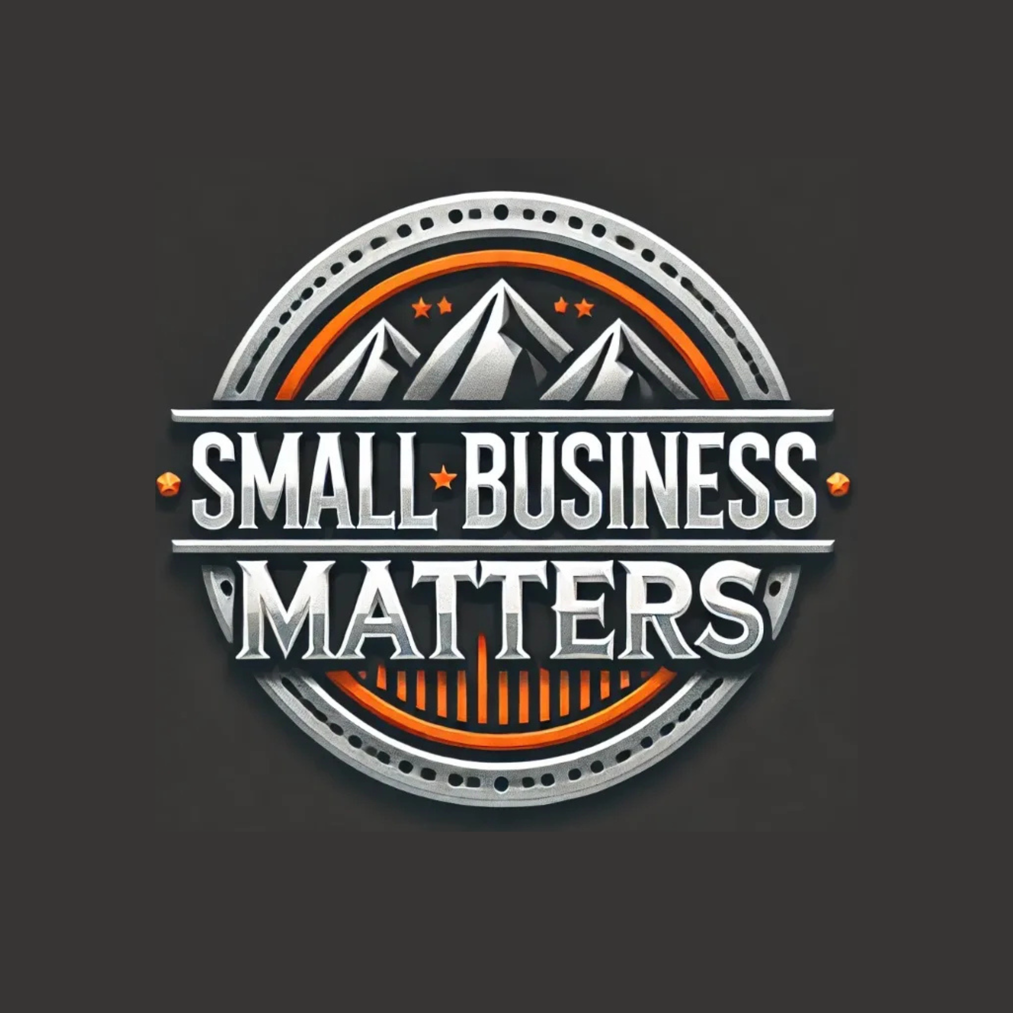 A logo for small business matters, featuring mountains, stars, and an orange and gray circular design.
