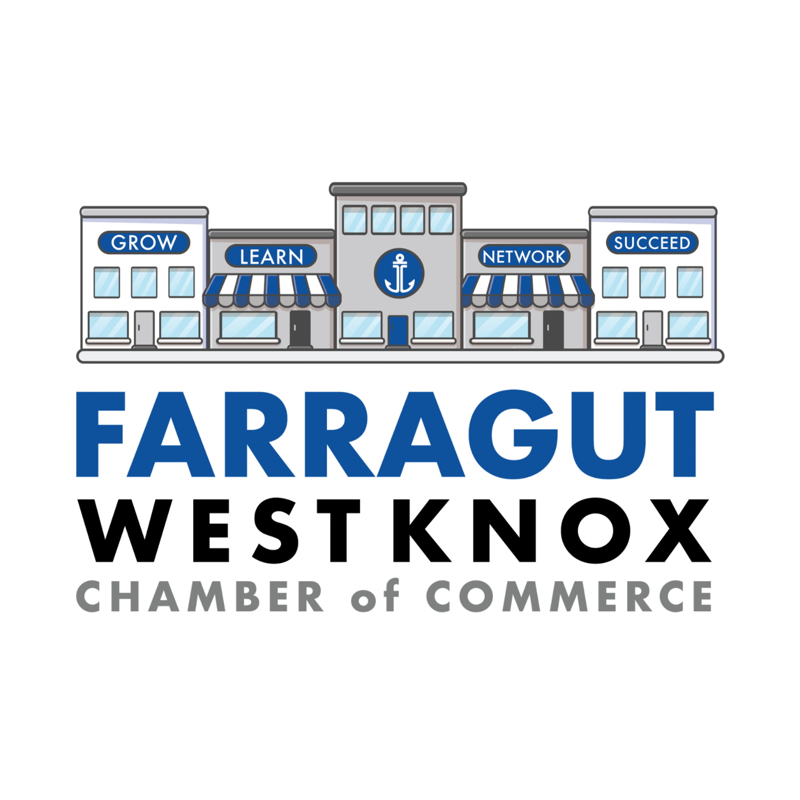 Graphic of a maritime building with signs reading 'Grow,' 'Learn,' 'Network,' and 'Succeed,' with large text 'Farragut Chamber of Commerce' below.