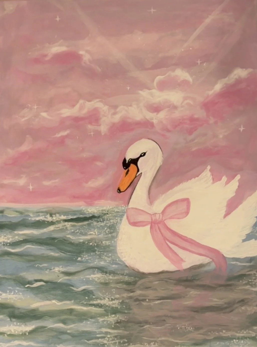 Quiet Grace original swan painting by Isvia in blush pink, white and muted teal acrylic on canvas