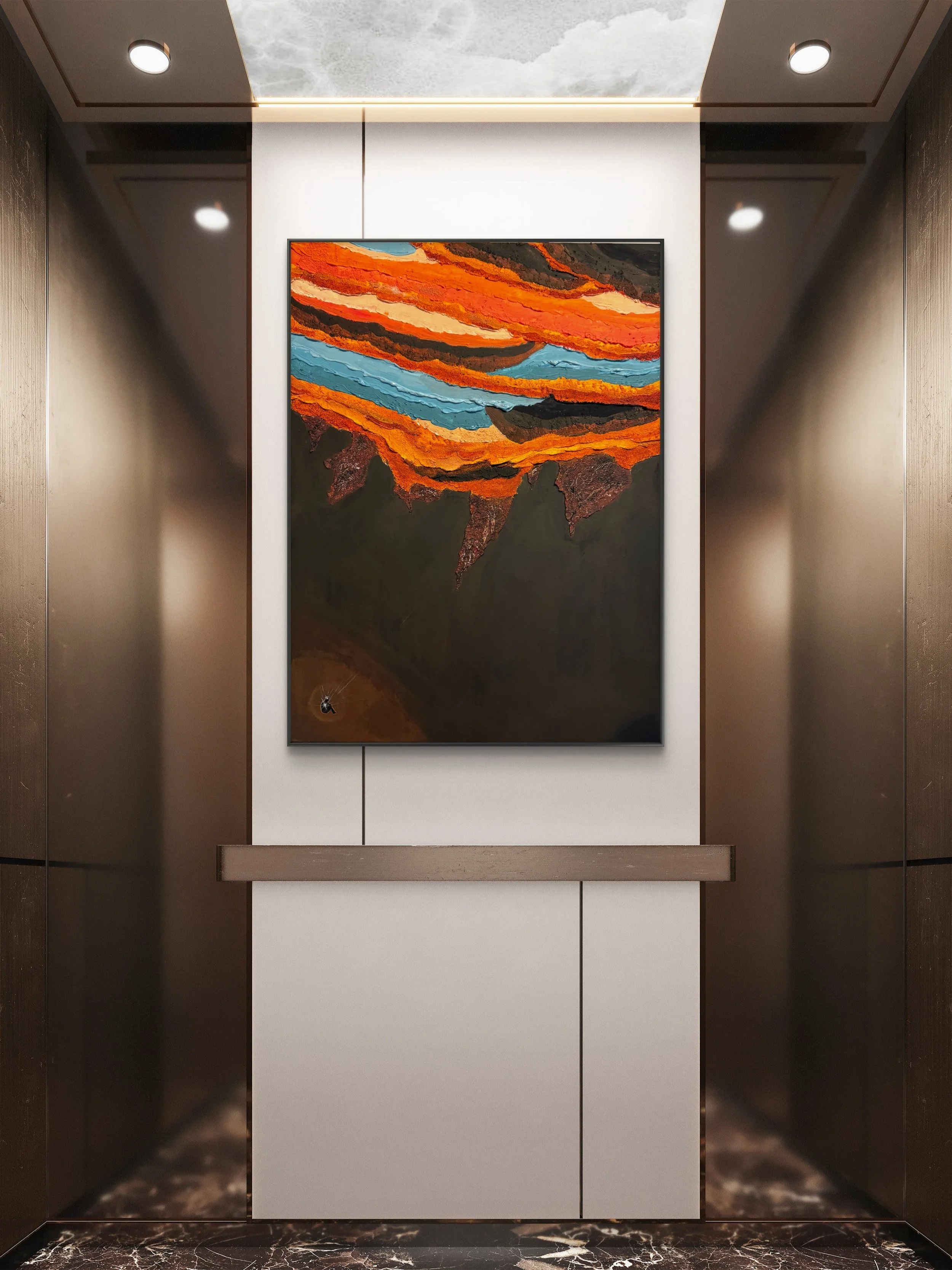 Bedrock textured geological painting by Isvia Bureau displayed in a contemporary interior.