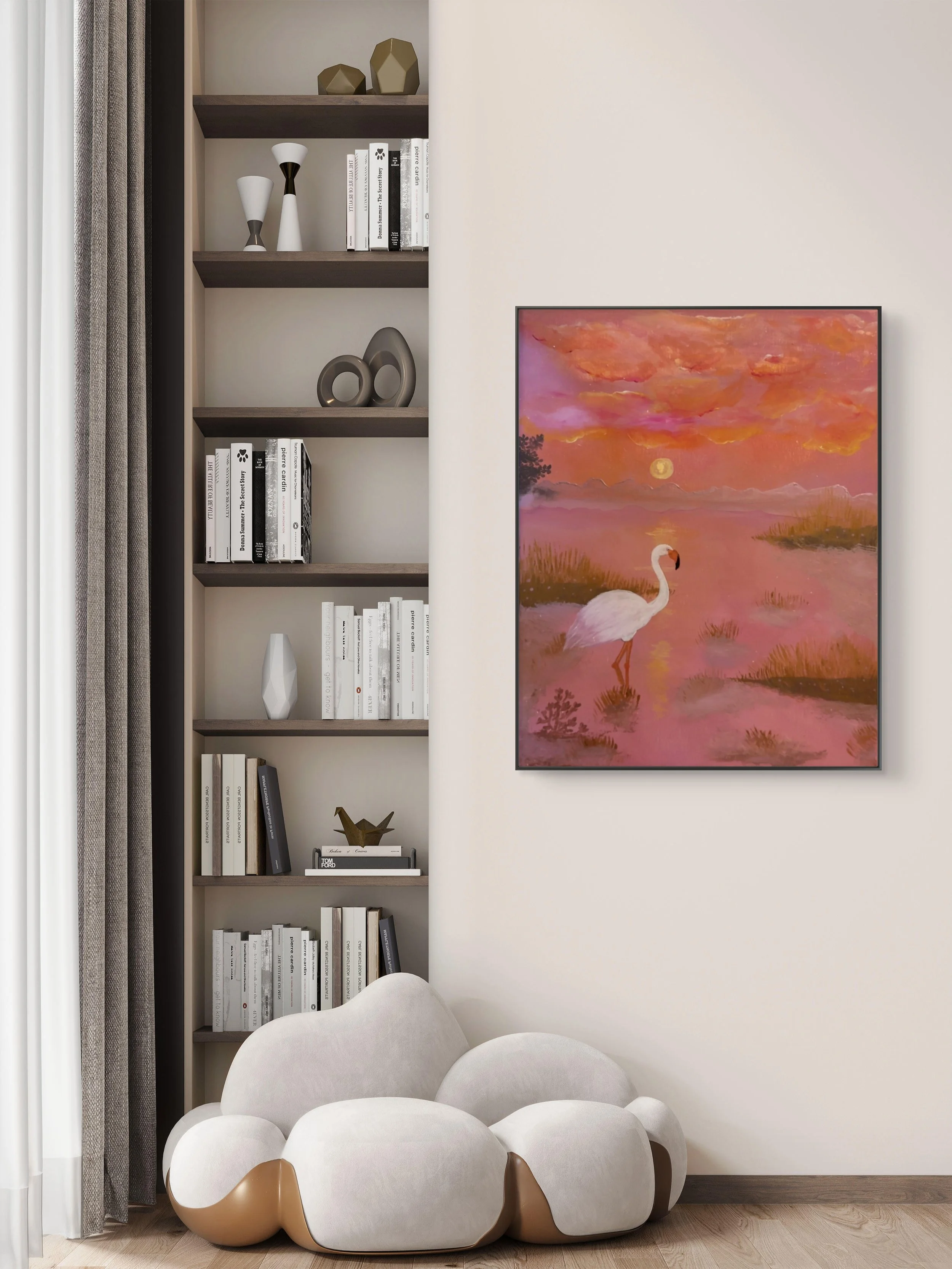 Stillness original artwork by Isvia, pink flamingo artwork with a warm abstract sunset landscape