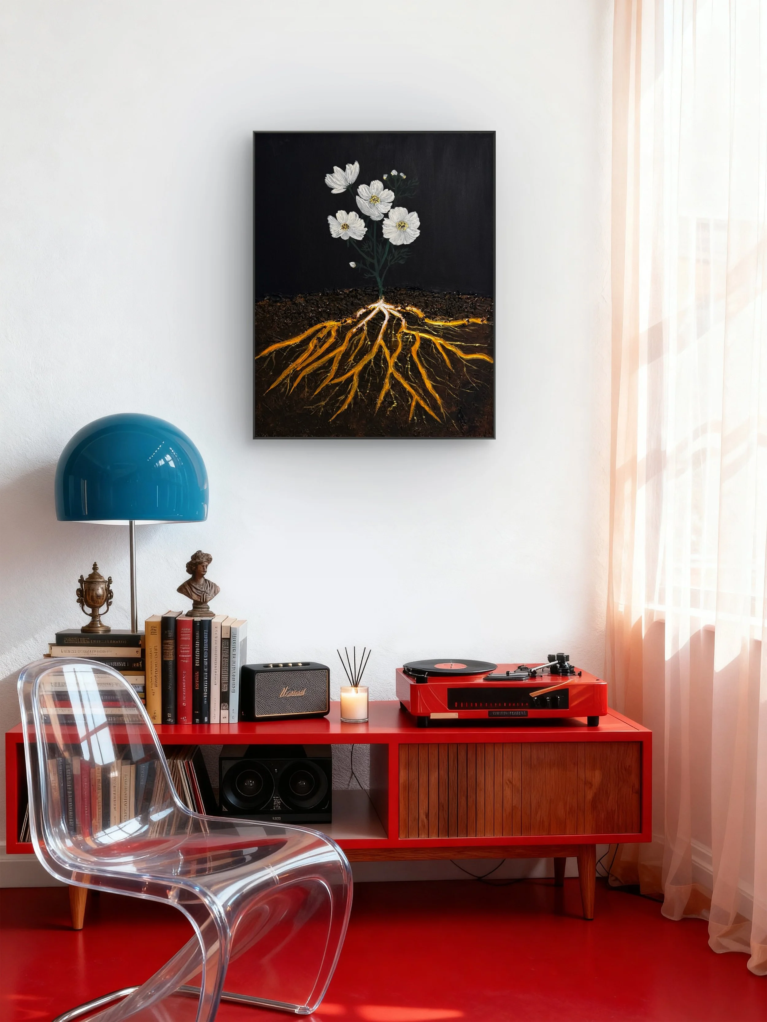 Earth Roots original contemporary botanical painting by Isvia displayed in a sophisticated organic-modern interior