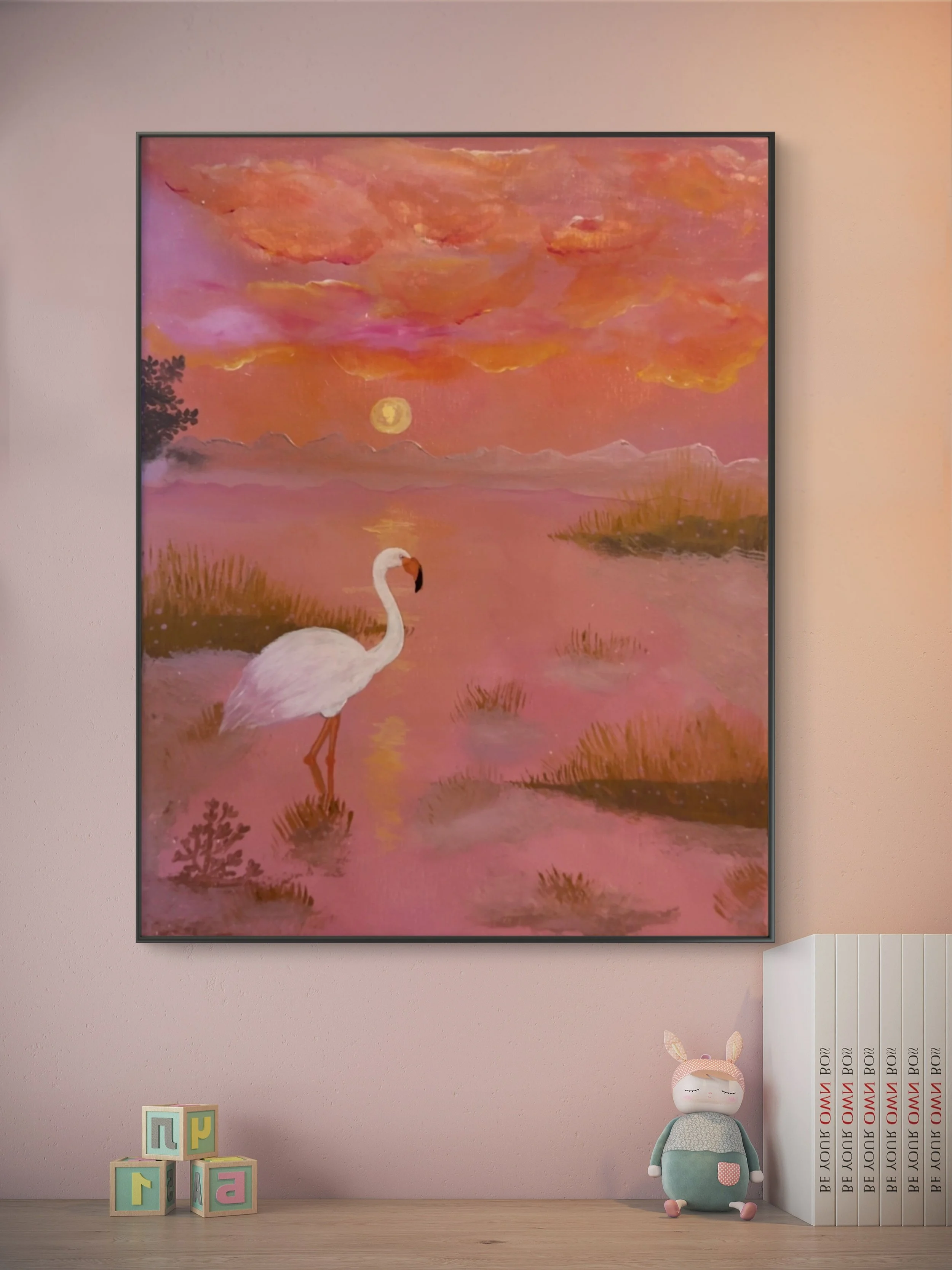 Stillness original artwork by Isvia, pink flamingo artwork with a warm abstract sunset landscape