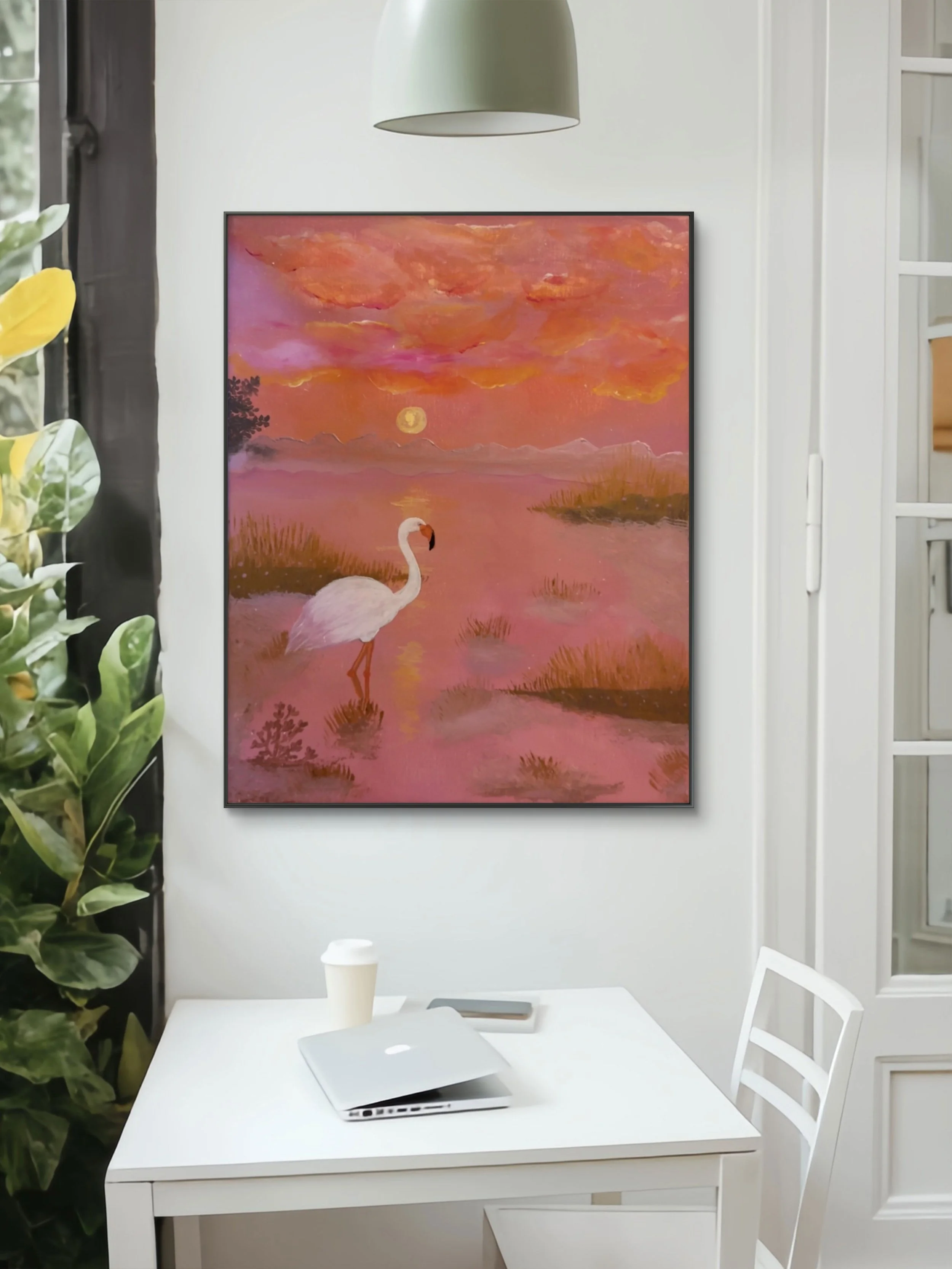 Stillness original artwork by Isvia, pink flamingo artwork with a warm abstract sunset landscape