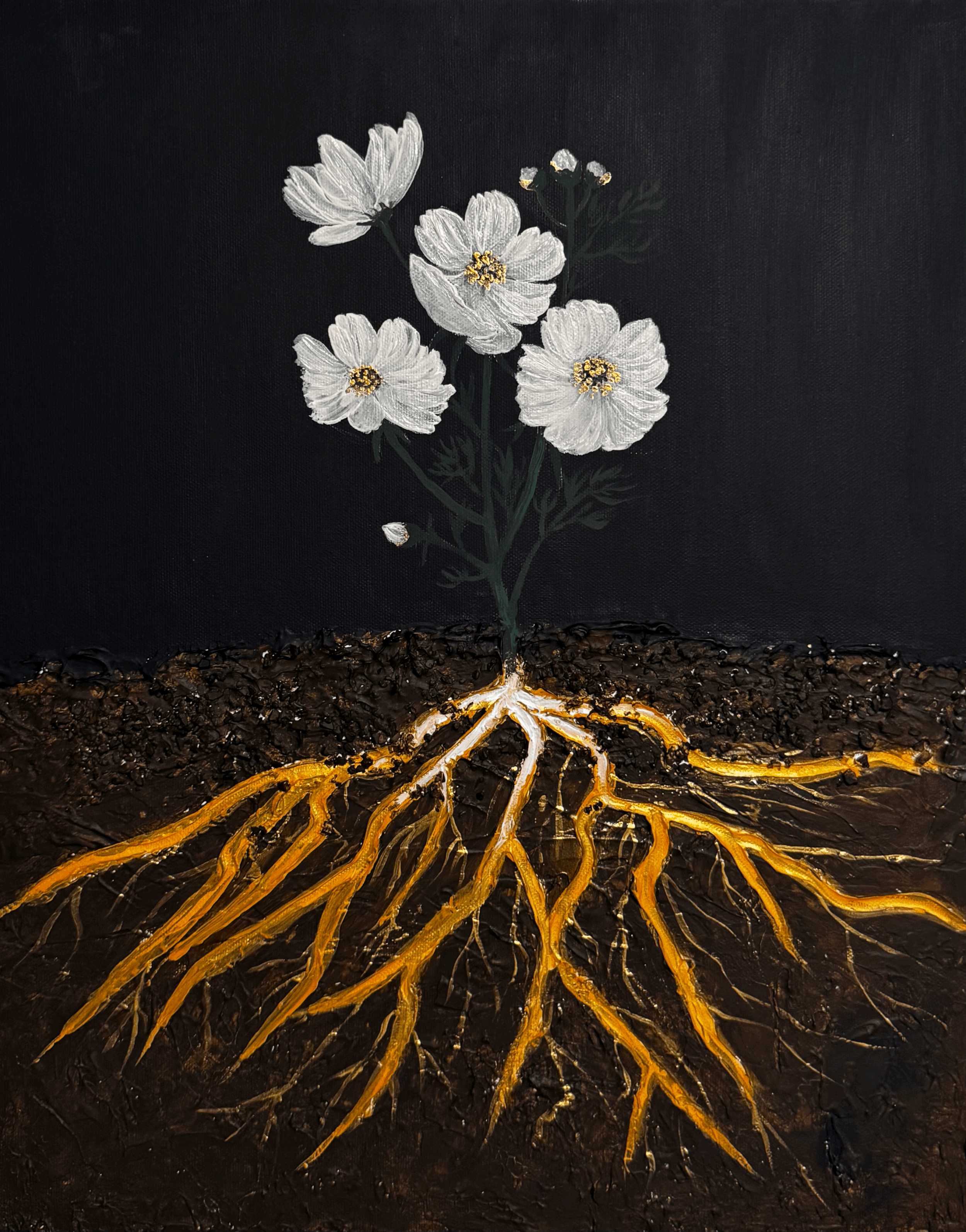 Earth Roots original botanical painting by Isvia showing white flowers above textured earth and an expansive golden root system below