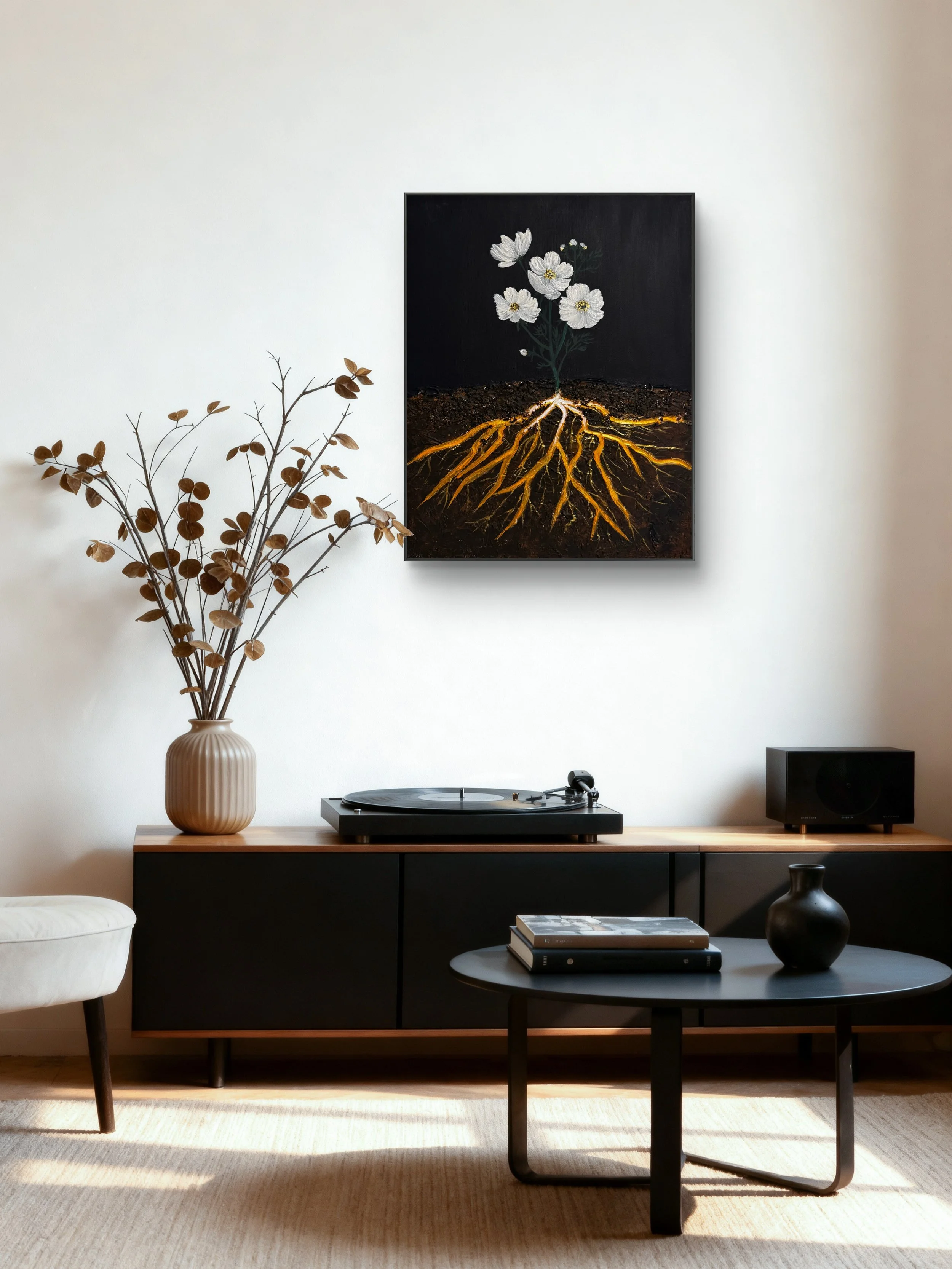 Earth Roots original contemporary botanical painting by Isvia displayed in a sophisticated organic-modern interior