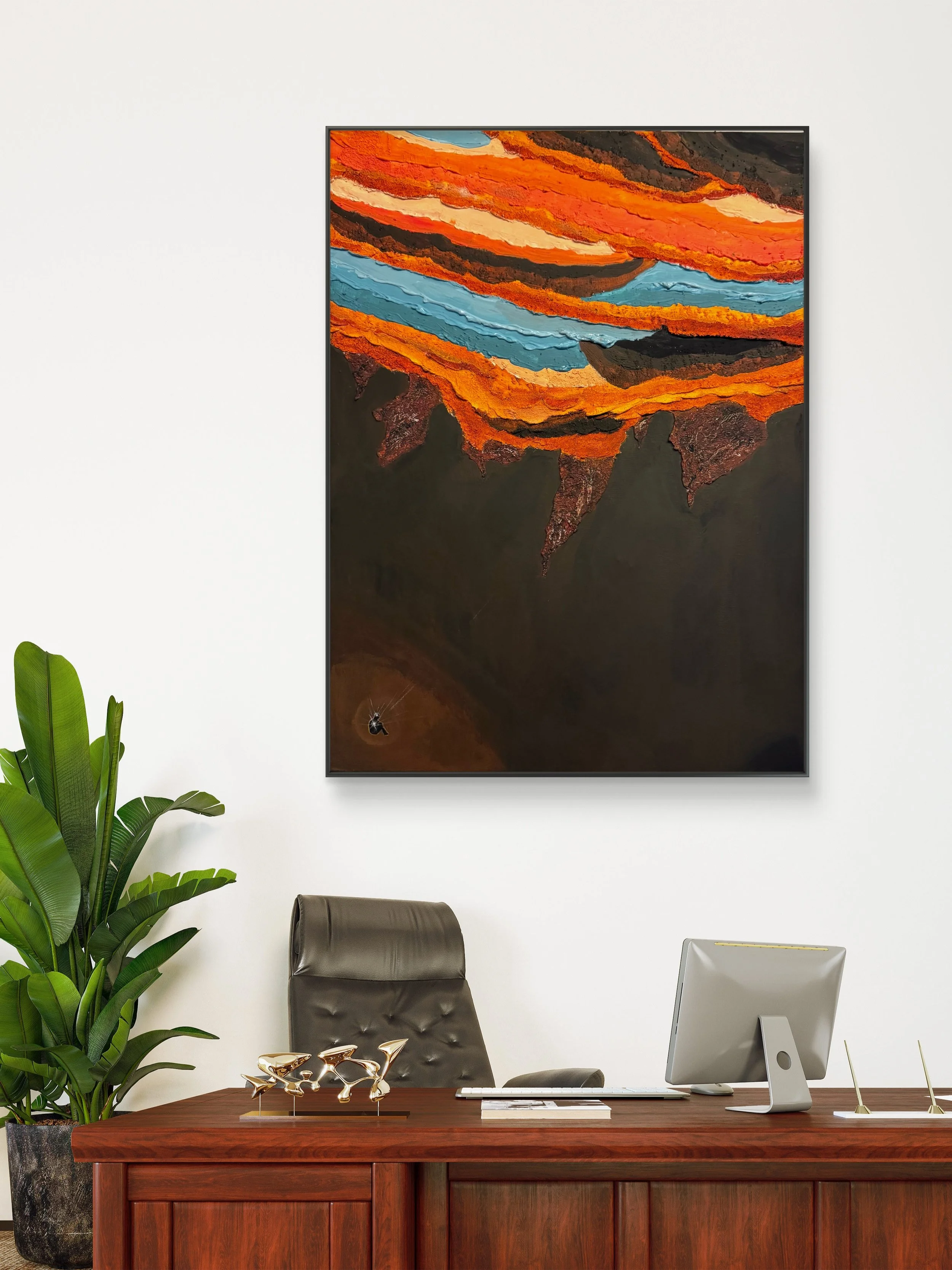 Bedrock textured geological painting by Isvia Bureau displayed in a contemporary interior.