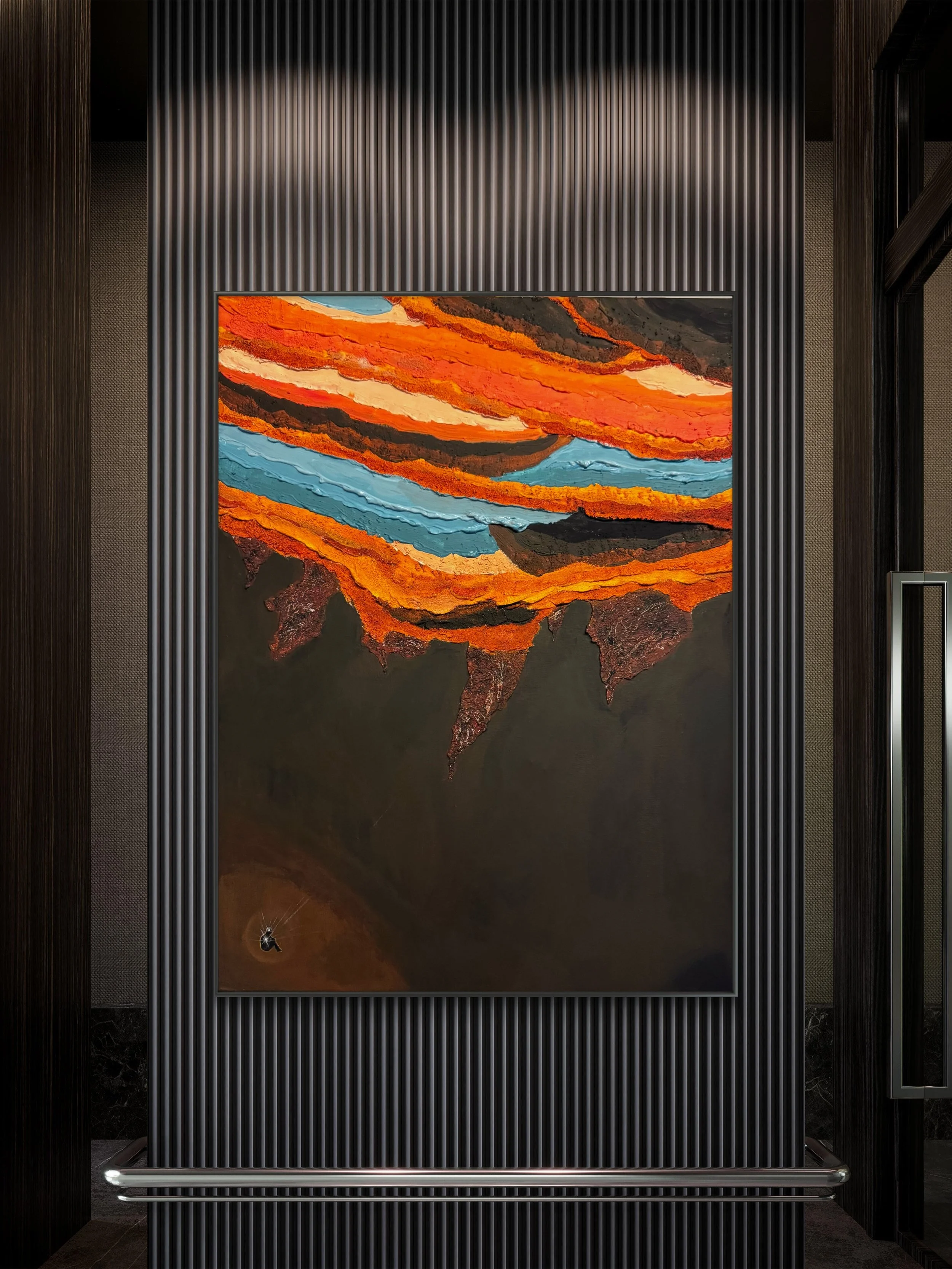 Bedrock textured geological painting by Isvia Bureau displayed in a contemporary interior.