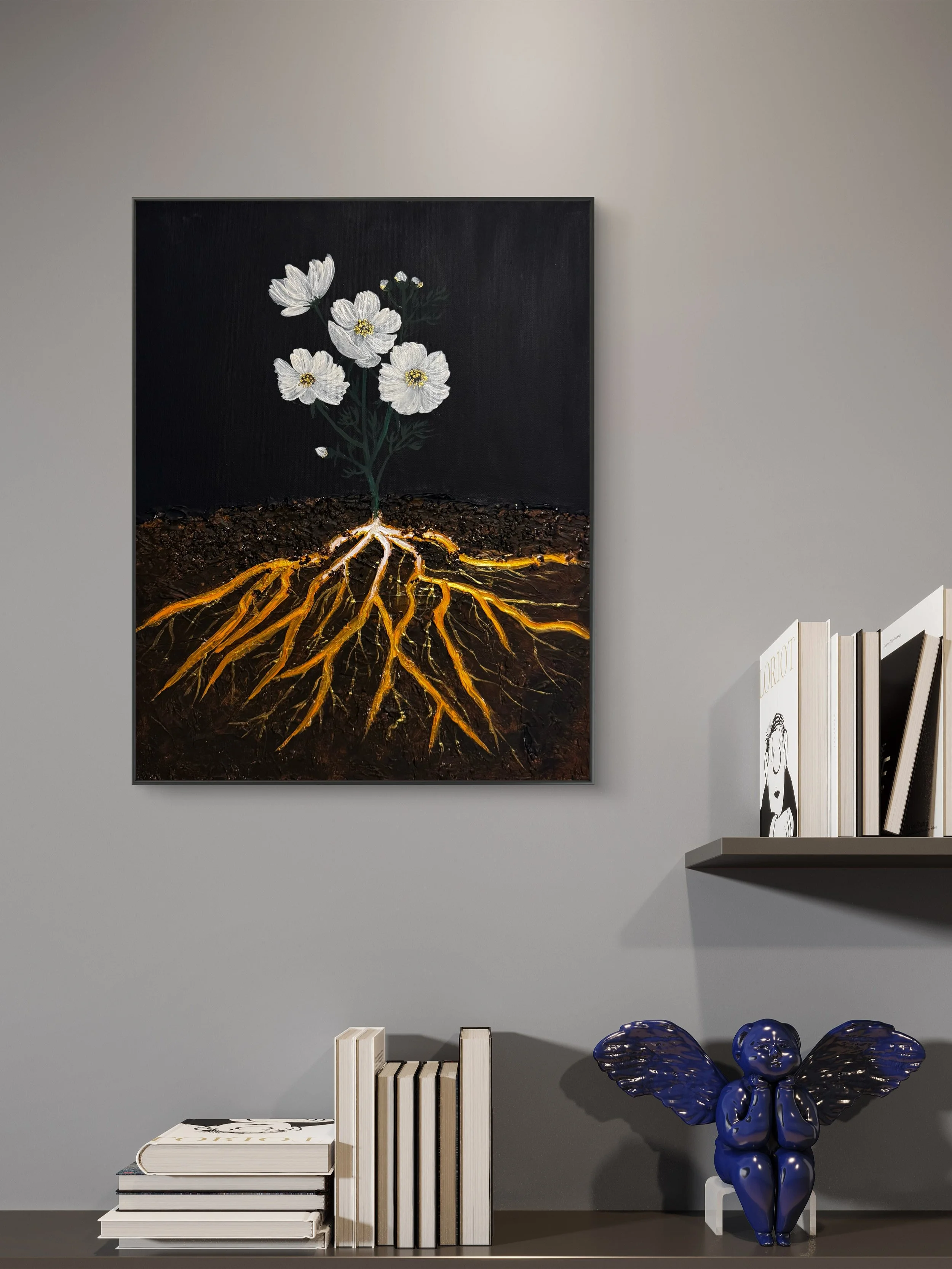 Earth Roots original contemporary botanical painting by Isvia displayed in a sophisticated organic-modern interior