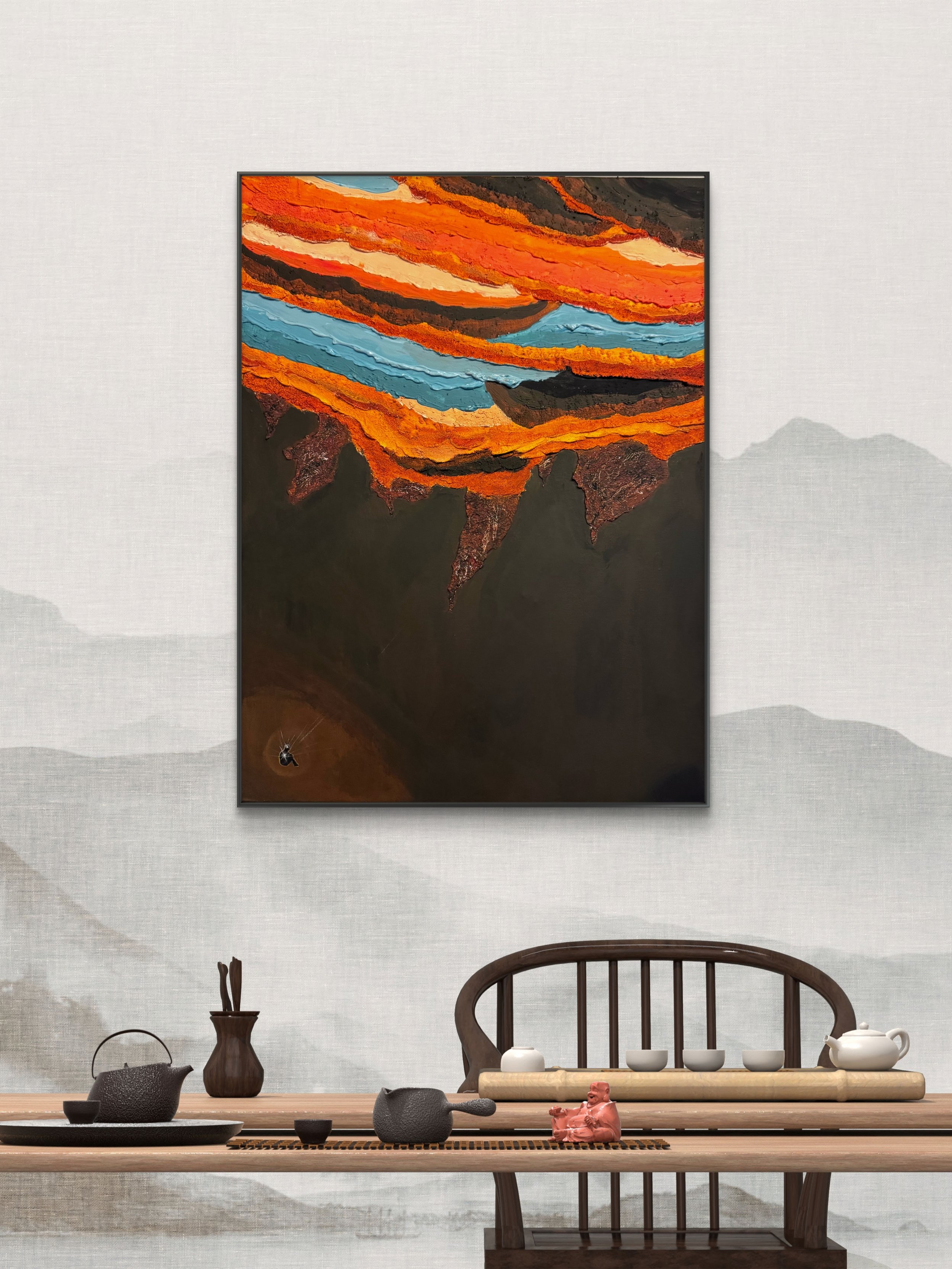 Bedrock textured geological painting by Isvia Bureau displayed in a contemporary interior.