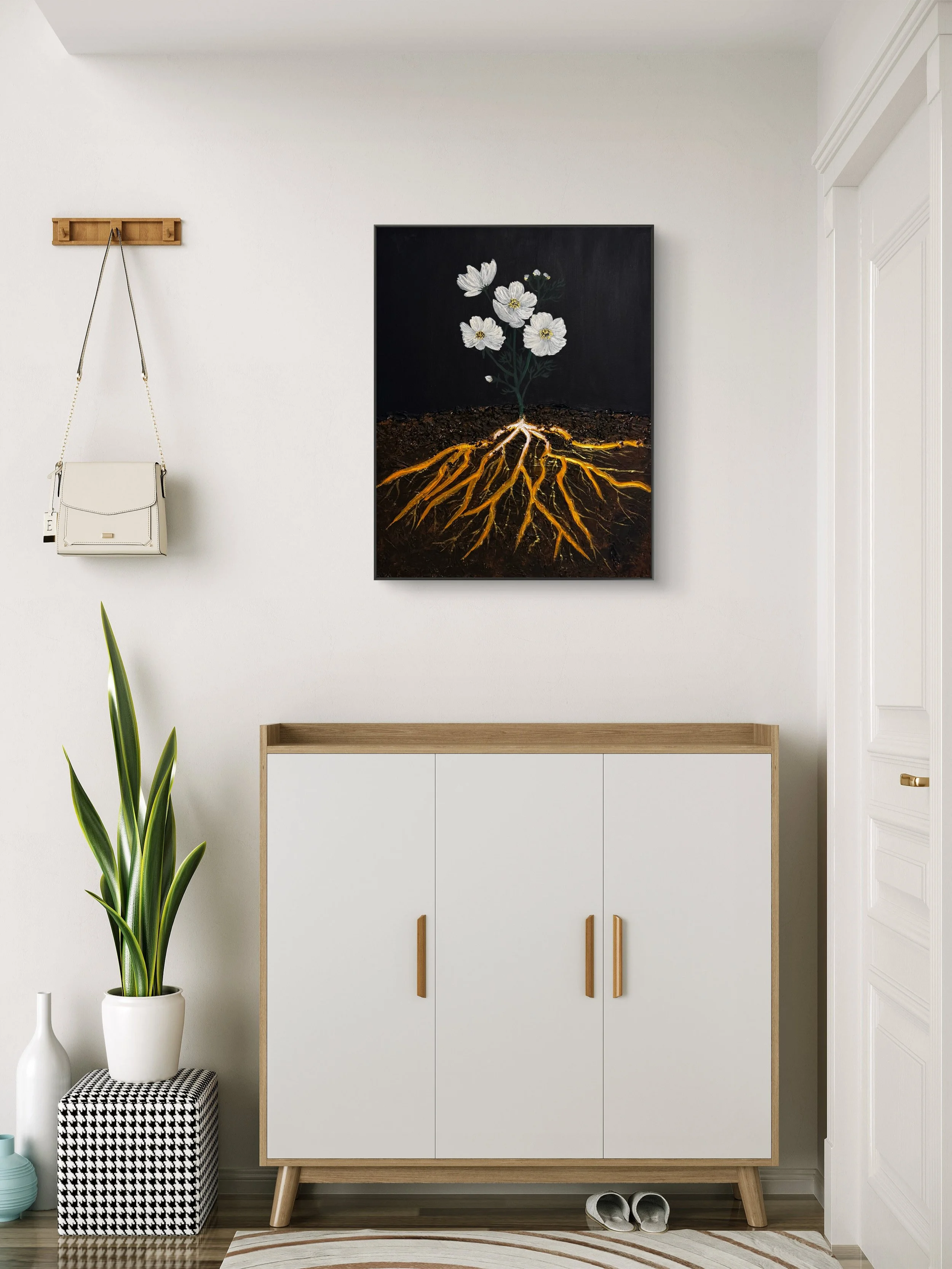 0789adc0-c27d-11f1-af31-0dd89cffc40c.JPGEarth Roots original contemporary botanical painting by Isvia displayed in a sophisticated organic-modern interior