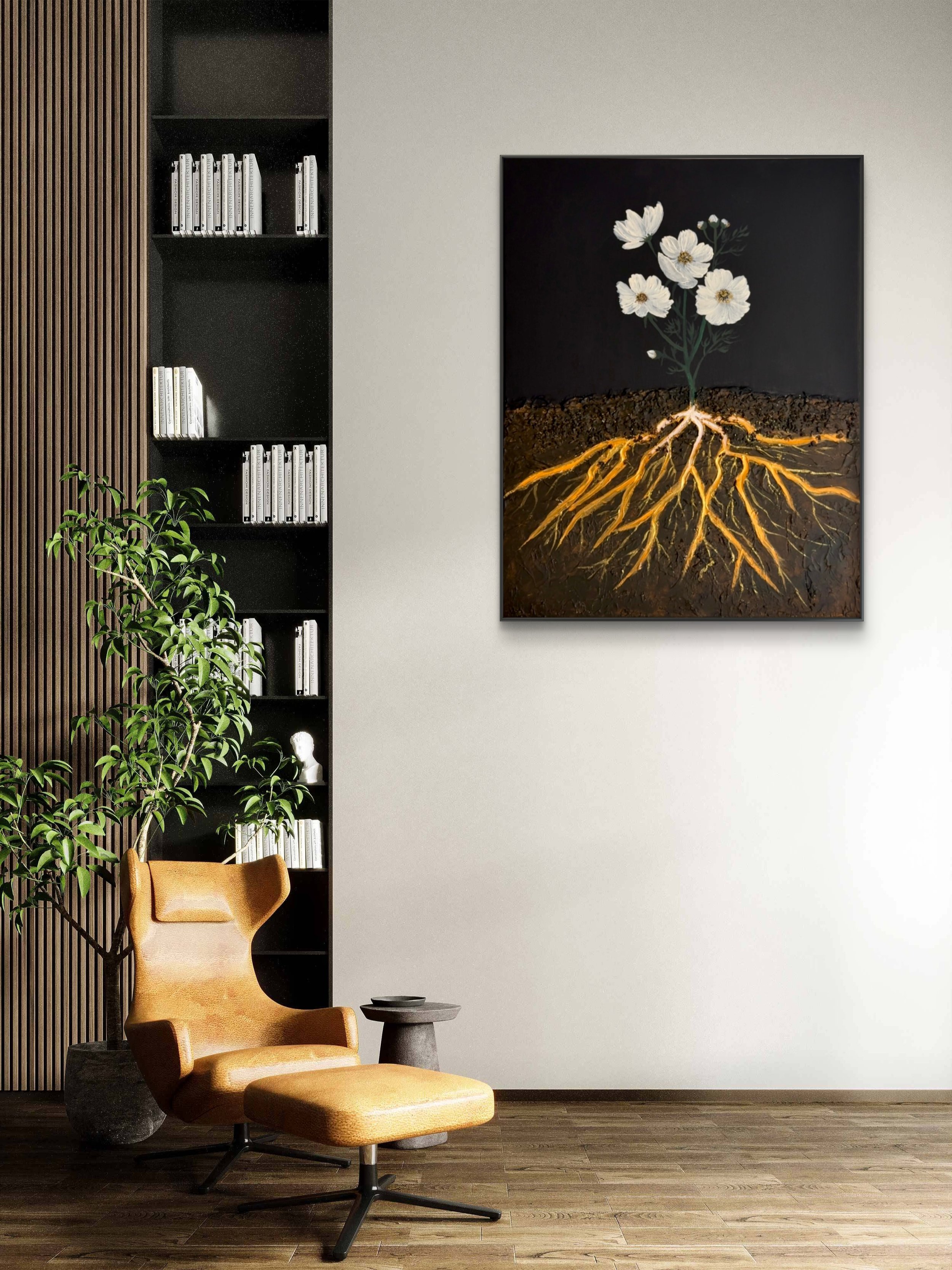 Earth Roots original contemporary botanical painting by Isvia displayed in a sophisticated organic-modern interior